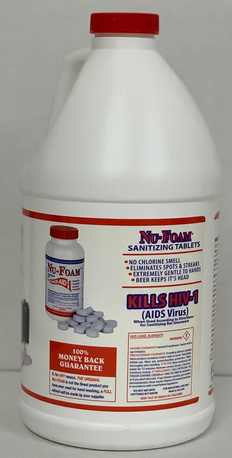 Nu-Foam Liquid Detergent for Bar Glassware – Original Streak-Free Solution - Hand Washing Bar, Tavern, Brewery Supplies - Spotless Serving Glasses - Concentrated Formula - Easy On Hands - 64oz Jug