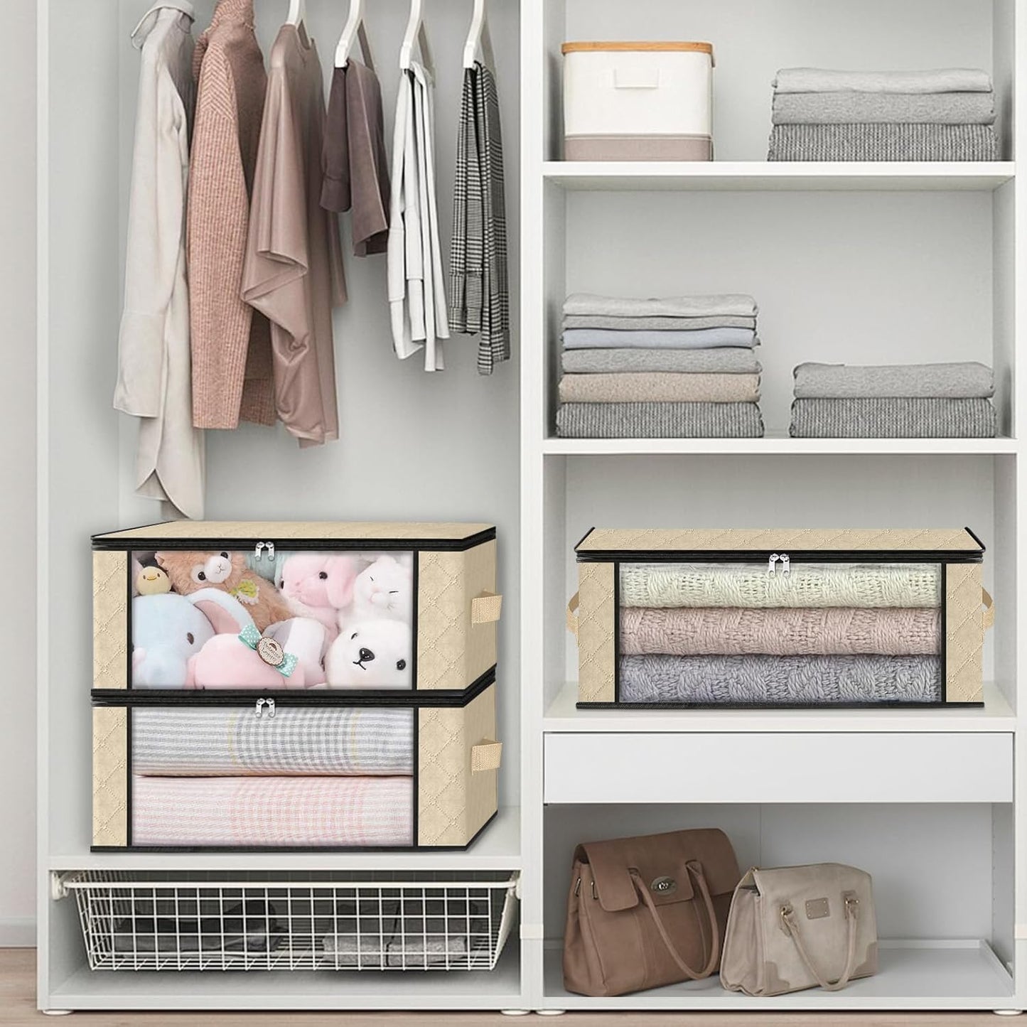 HomeHacks Storage 10-Pack Clothes Organizer Storage Bags Foldable Storage Box with Large Clear Window Sturdy Handles for Closet, Dorm, Pillows, Bedding, Clothes, Blankets, 35L, Beige