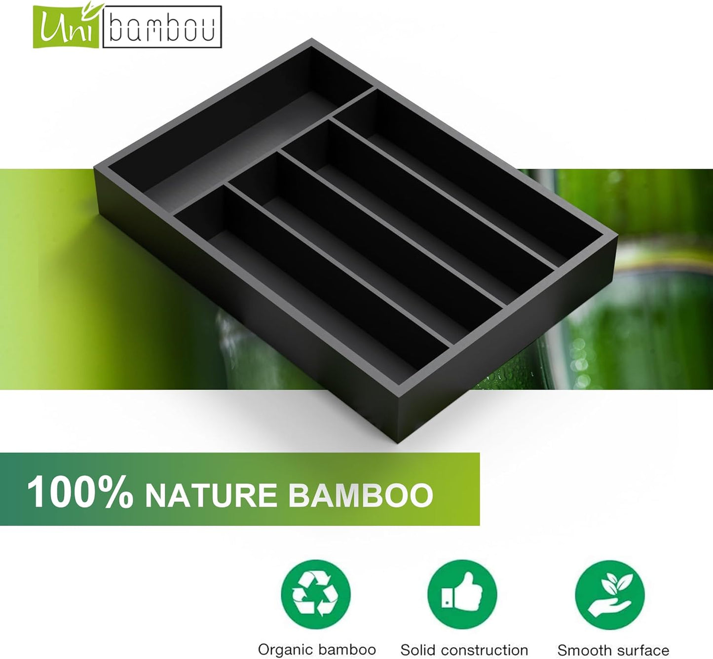 Bamboo Kitchen Drawer Organizer - silverware organizer - Cutlery Tray - Utensil Tray - drawer dividers and Utensil Holder with Wood Silverware Holder for Flatware Cutlery (5 Slots, Black)