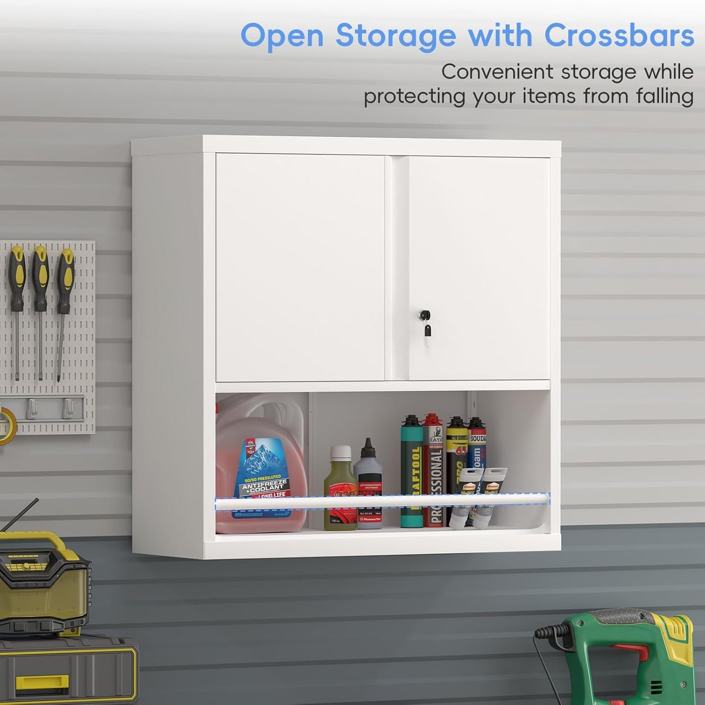 Metal Wall Storage Cabinet, Steel Storage Cabinets with Locking Doors and Shelves, Hanging Cabinet with Guard Bar, Ideal for Kitchen, Laundry, Home Office