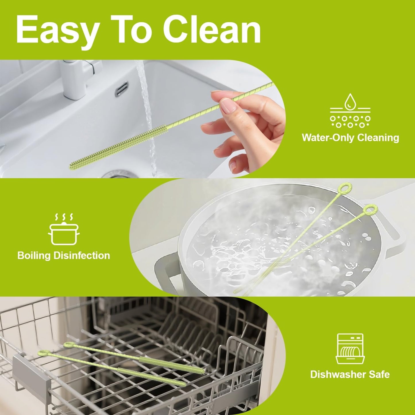 YOTIME Silicone Straw Cleaner Brush, 2 Pcs Reusable Straw Brush(6mm+9mm) for Cleaning Narrow & Wide Straws, Tumblers, Green