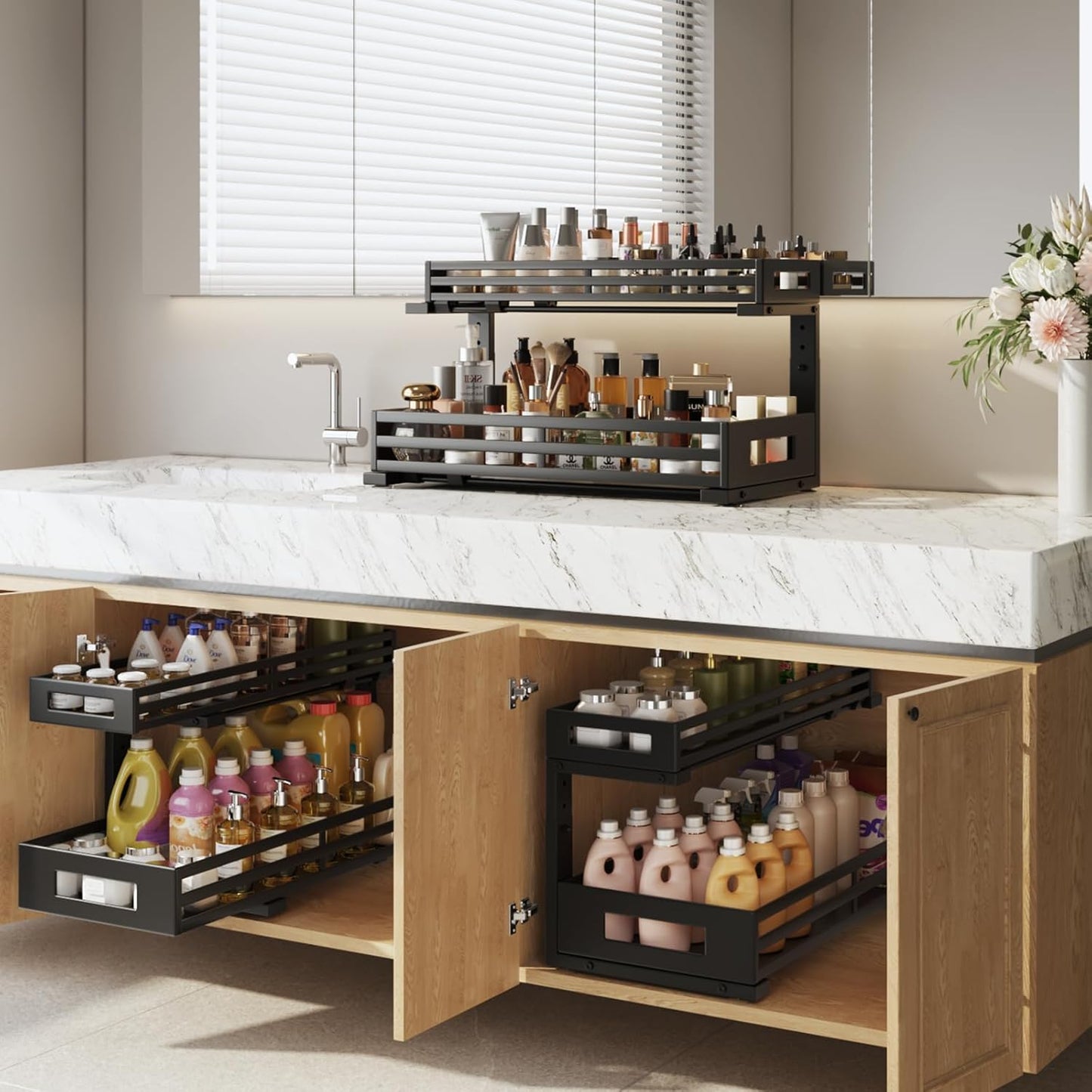 2-Pack 20.47"Deep Under Sink Organizer And Storage,2-Tier L-Shaped Pull Out Cabinet Organizer with Upgraded Slide Rails,Height Adjustable Drawers for Kitchen&Bathroom,Extra-Large Storage Shelves–Black