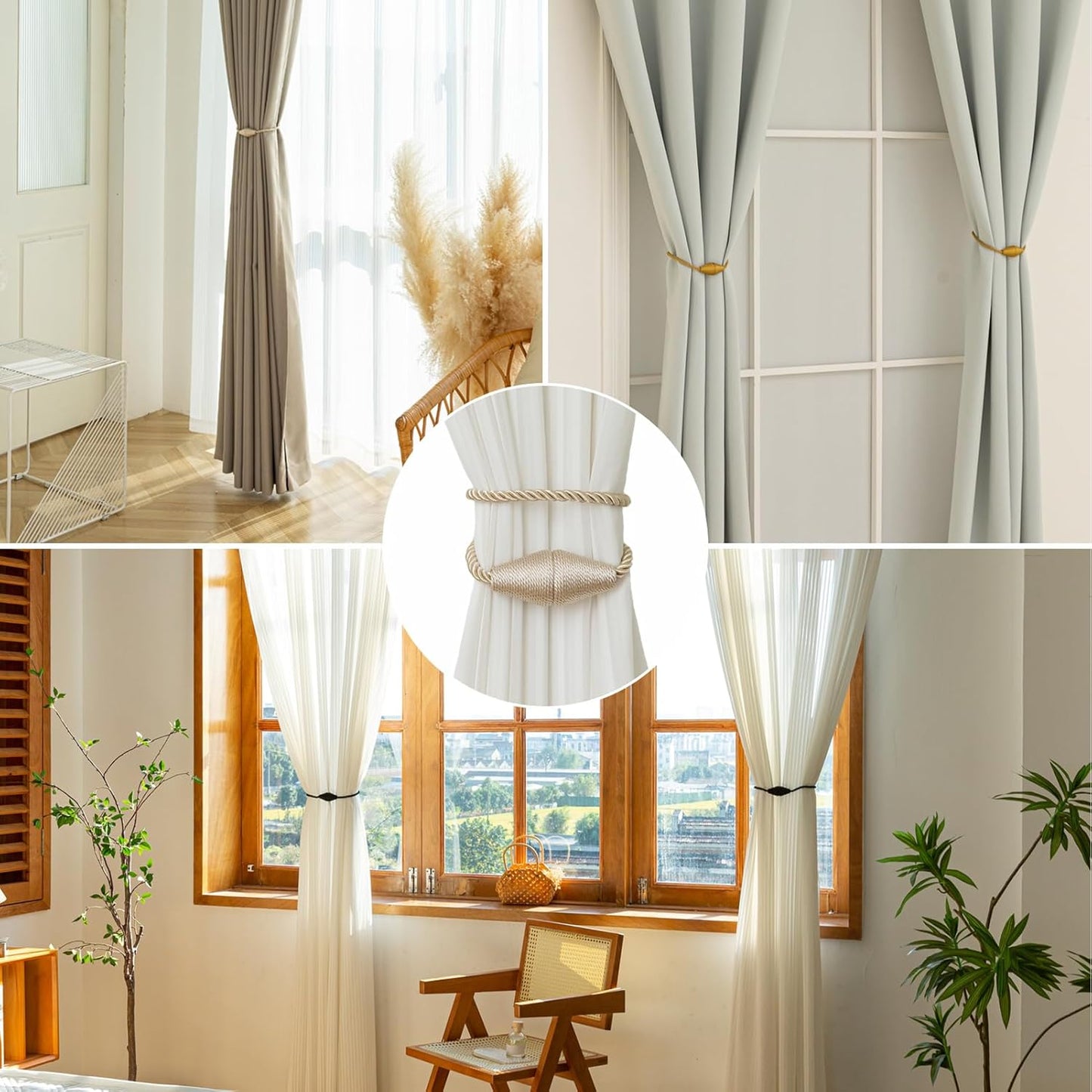 Magnetic Curtain Tiebacks 2 Pack Outdoor Rope Curtain Tie Backs Decorative Window Treatment Holdbacks for Home Decorative Curtain, Beige