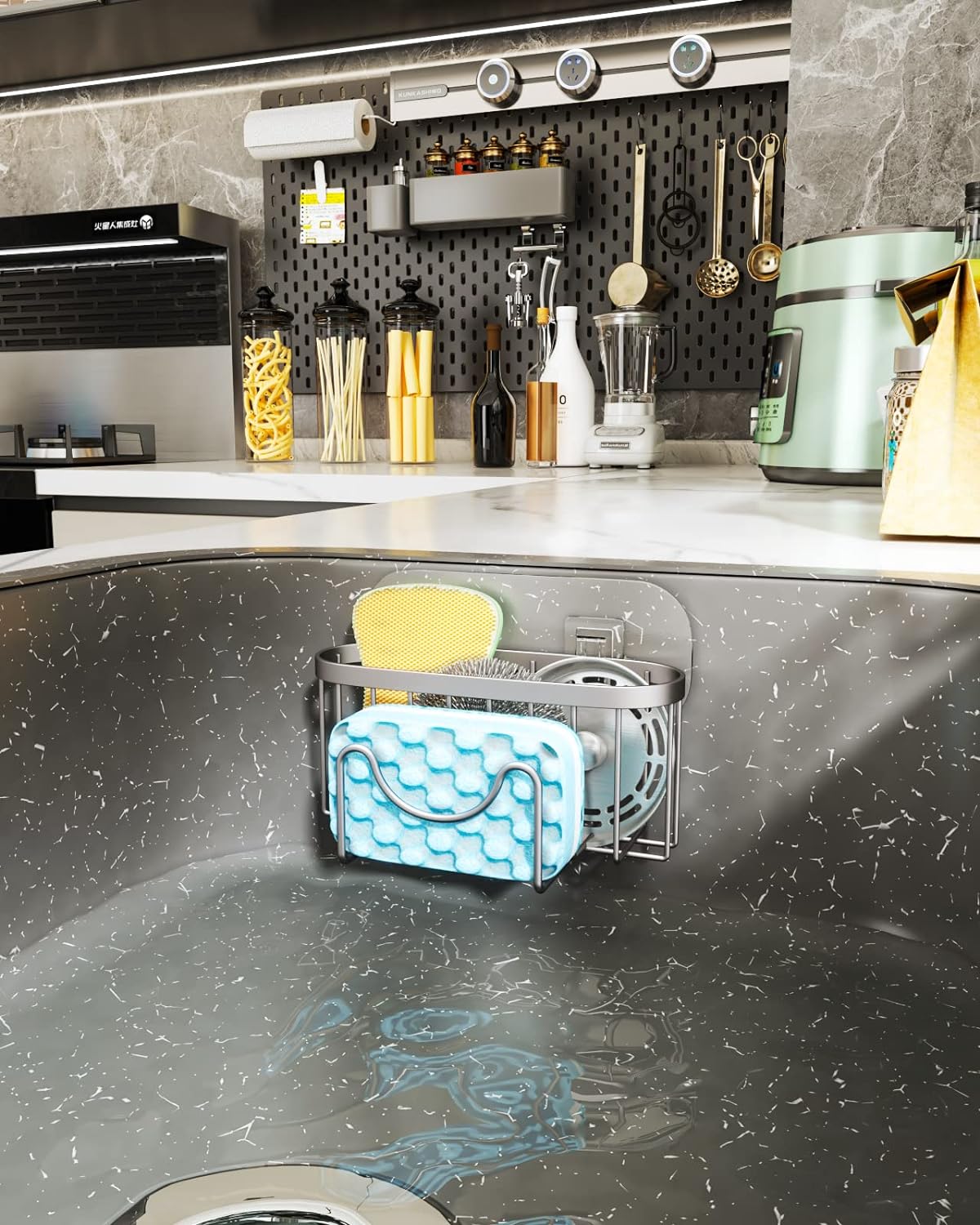 HapiRm Multifunctional Kitchen Sponge Holder with Unique M-Shaped, 2 Installation Ways Sink Caddy, Stainless Steel Kitchen Organizer for Sponge, Brush, Sink Stopper and Scraper -Brushed Nickel