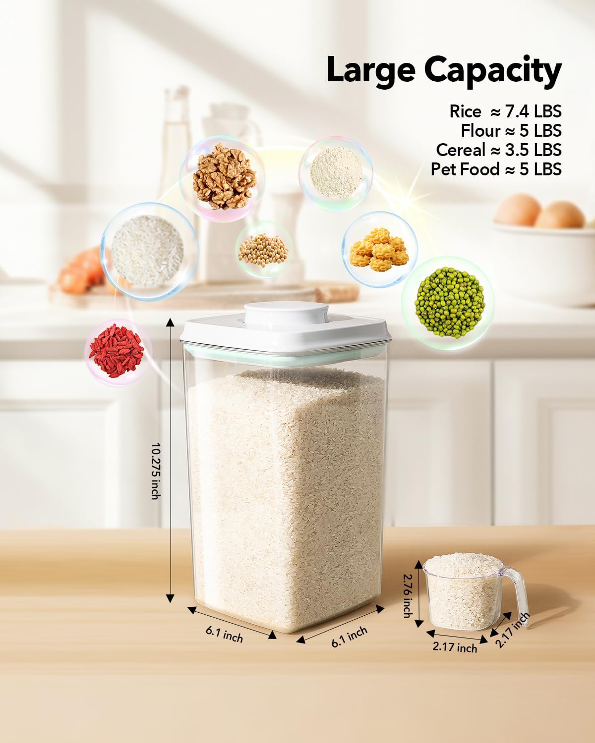 Ankou Airtight Food Storage Container with Pop Lid & 130ml Scoop, 4L/4.2qt *2 BPA-Free Cereal, Rice, Flour, Pasta & Snack Container, Stackable & Durable,Kitchen Pantry Organizer
