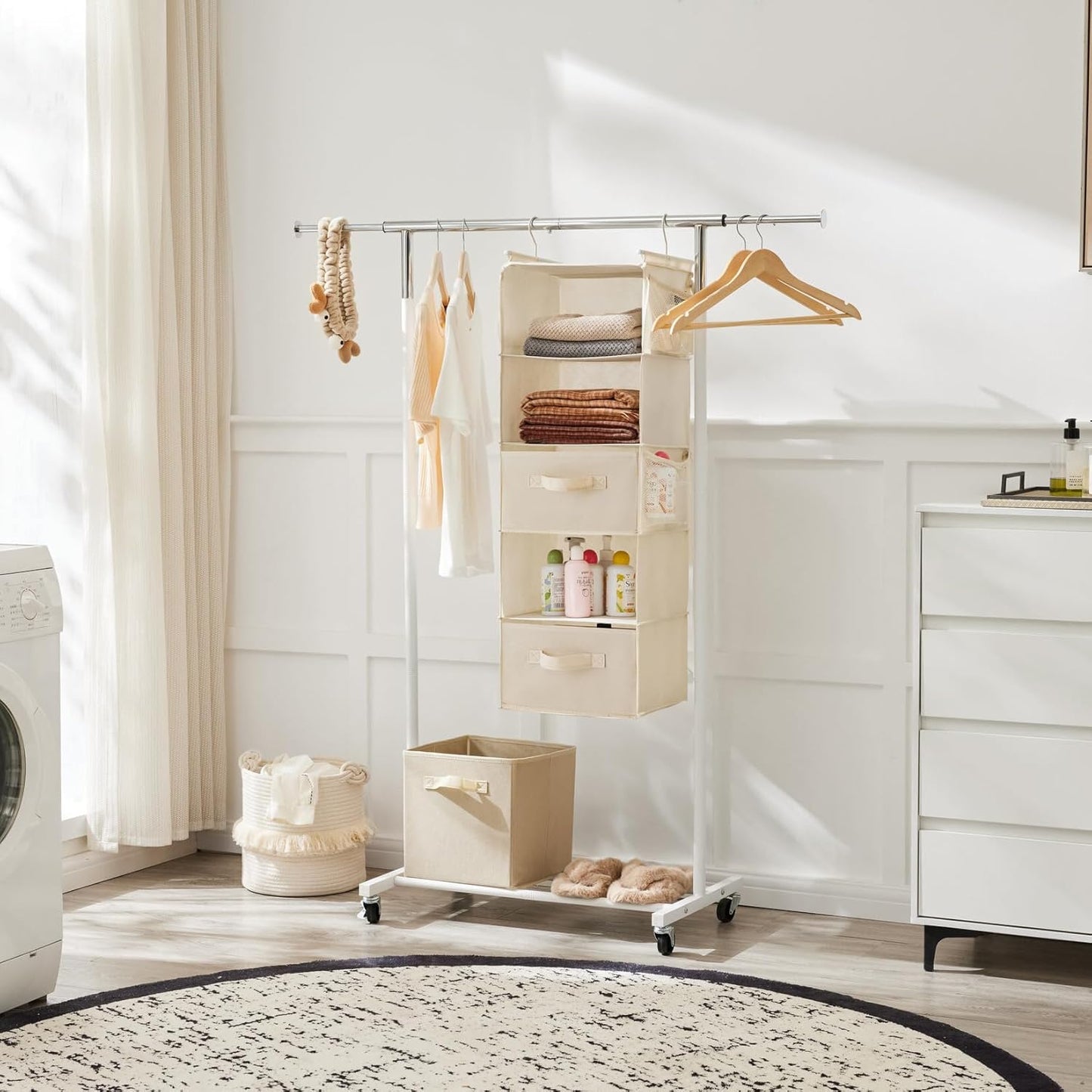 MAX Houser 5 Tier Shelf Hanging Closet Organizer, Cloth Hanging Shelf with 2 Sturdy Hooks for Storage, Foldable (Beige-D2)