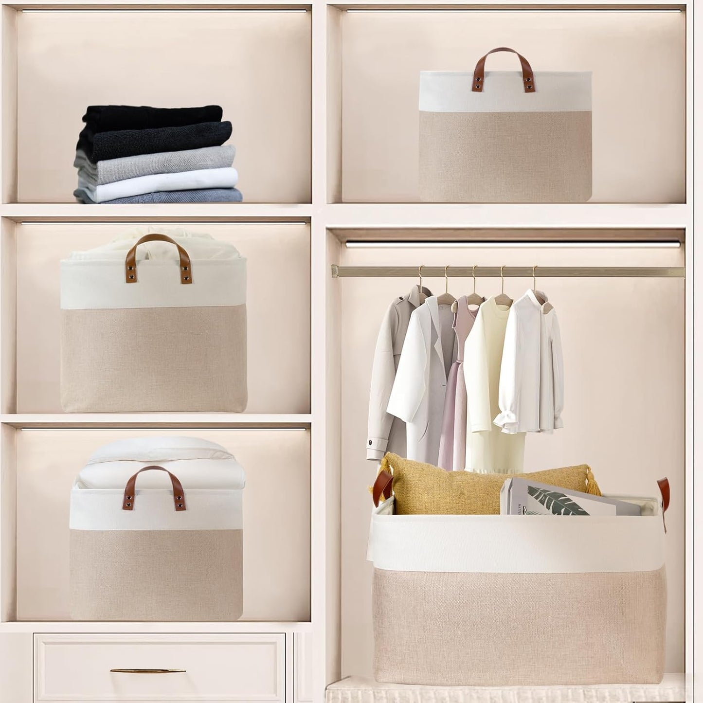 DULLEMELO 70L Extra Large Storage Bin, 22" x 15" x 13" Oversized Storage Basket, Collapsible Storage Box, Fabric Clothes Toys Blanket Basket for Shelves, Laundry, Nursery (White&Khaki)