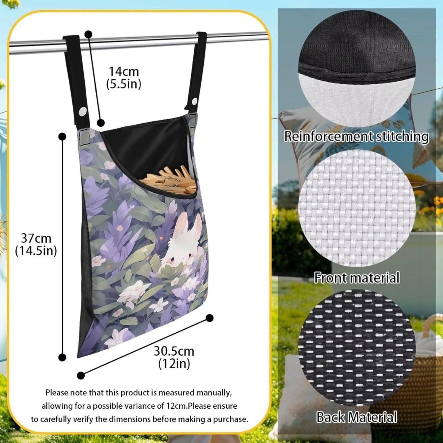 Clothespin Bag for Clothes Pin Holder for Outside and Clothes Line Pins, Clothes Pin Hanging Bag Fits Outdoor Laundry Clothesline - Rabbit and Floral