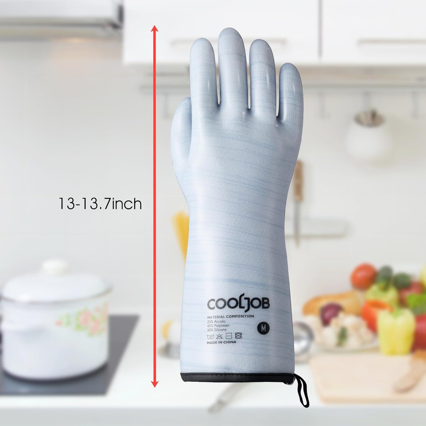 COOLJOB Heat Resistant Oven Gloves, Waterproof Liquid Silicone BBQ Grilling Gloves for Barbecue, Kitchen Cleaning, Baking, Blue, Medium