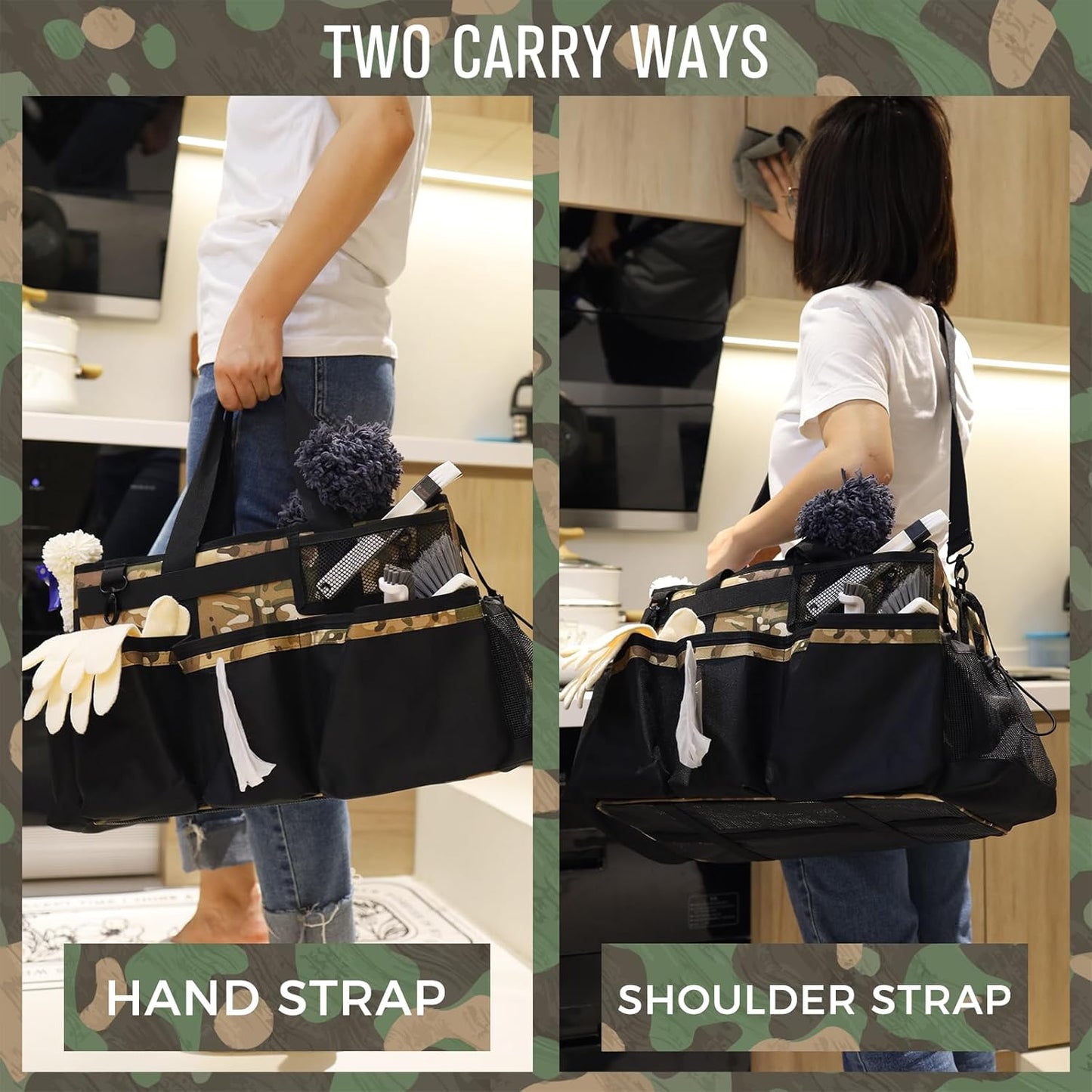 Wearable Cleaning Caddy Organizer with Handle & Shoulder Straps for Housekeepers, Under Sink & Car Cleaning Tool Organizer Bag with 4 Foldable Dividers (Camouflage)