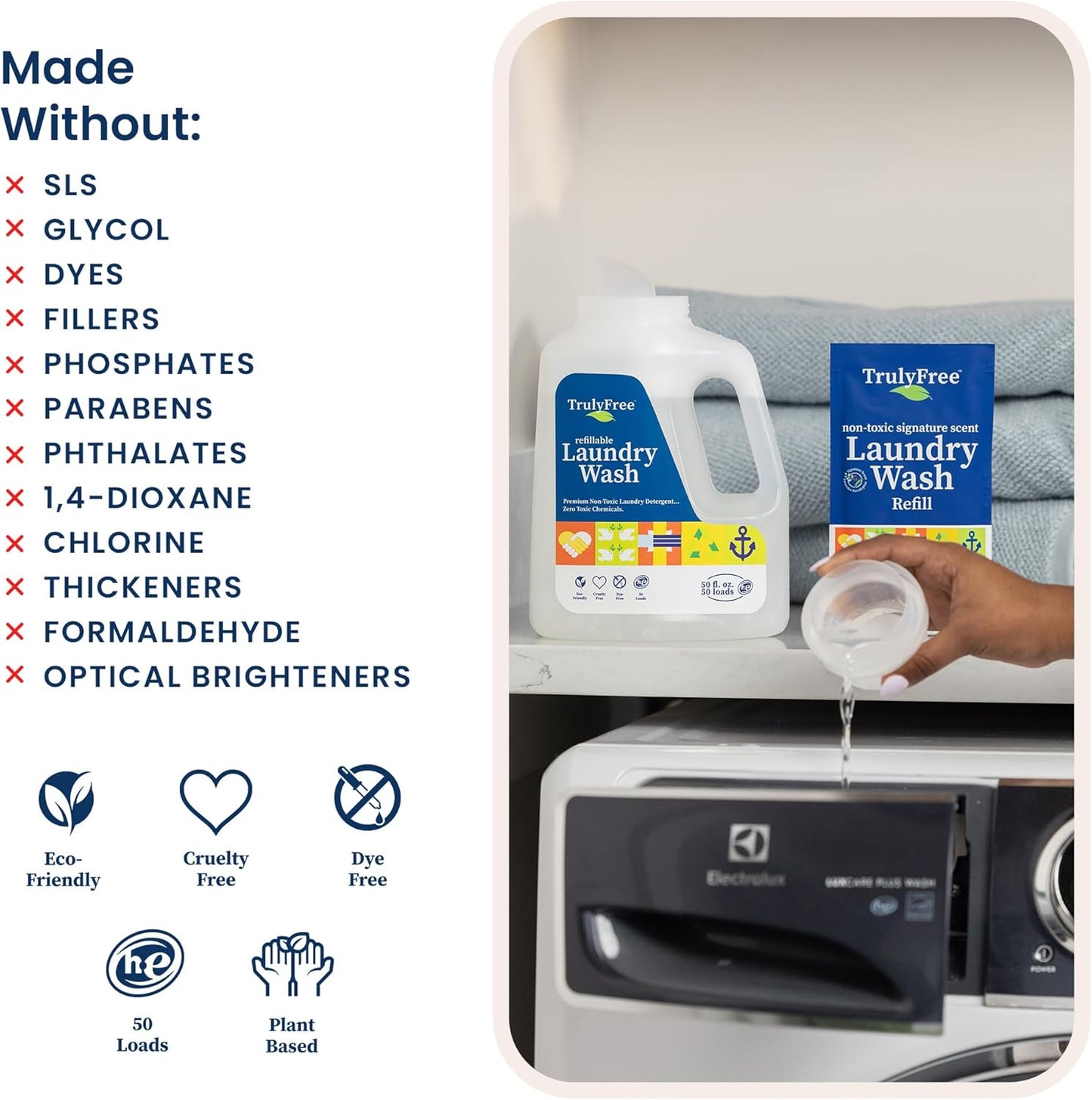 Truly Free Natural Laundry Detergent for Sensitive Skin | Eco Friendly, Plant Based, Baby Clothes Safe | Clean & Easy Powder to Liquid, 1 Pack Detergent + 1 Refillable Jug | Signature Scent, 50 Loads