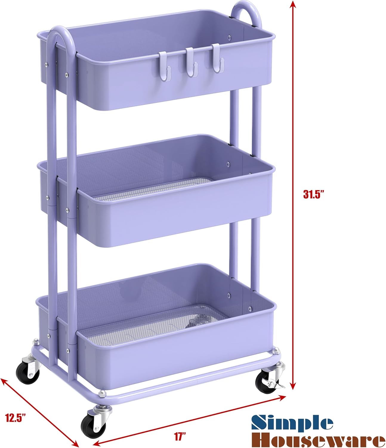 Simple Houseware 3-Tier Heavy Duty Metal Utility Rolling Cart, Purple