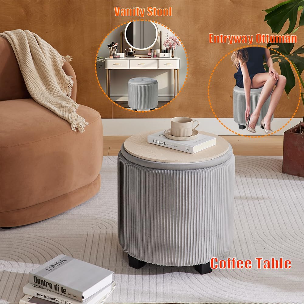 Big Round Ottoman with Storage Set of 2,Upholstered Velvet Vanity Stool for Makeup Multifunctional Foot Rest Coffee Table Padded Seat Tufted Ottomans for Living Room&Bedroom (Grey)