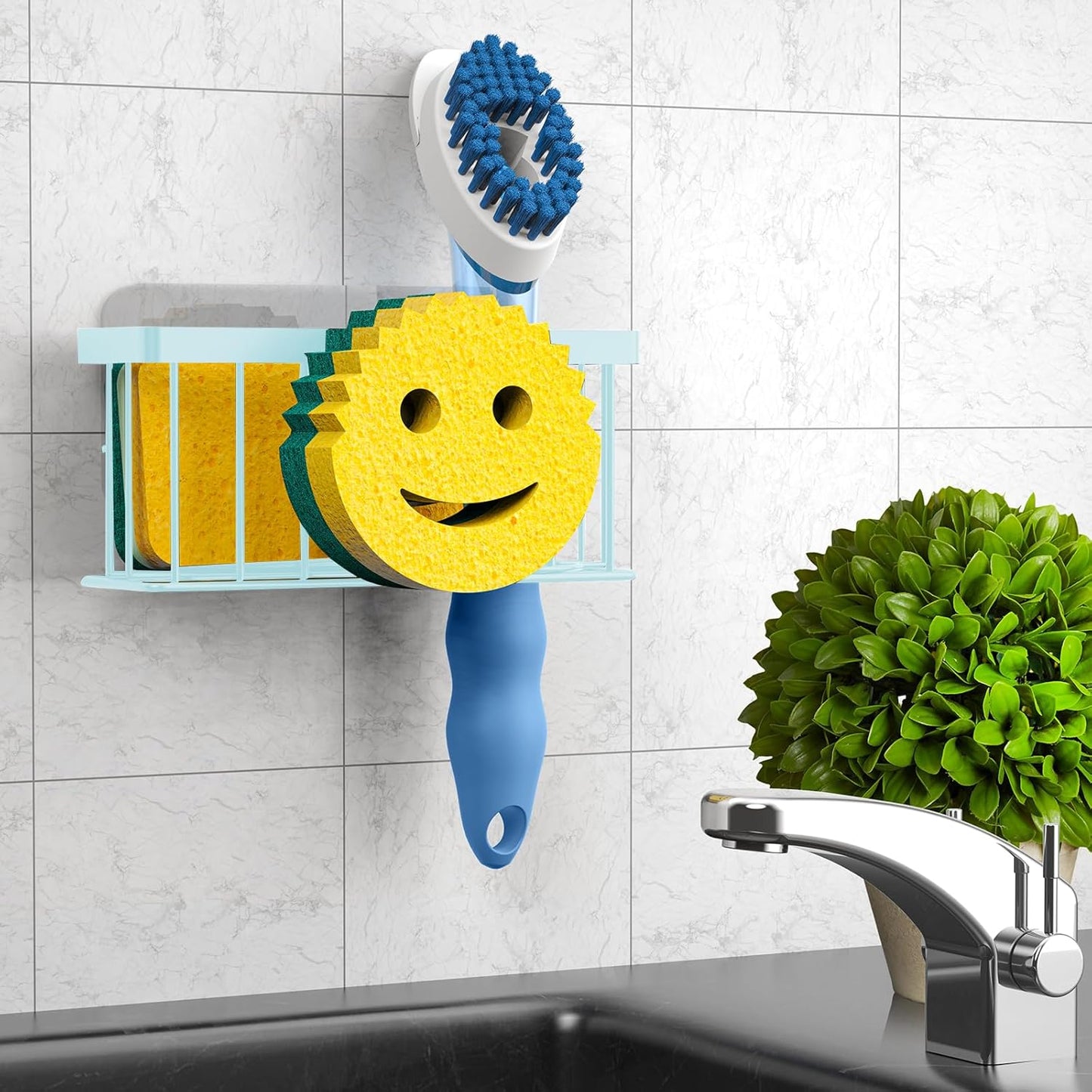 Sponge Holder Smiley Face,Sink Caddy for Kitchen Sink,Sponge Holder with 2 PCS Suction Cups/1 PCS Adhesive Strips,Designed for Sponge,Soap,Dish Brush,Scrubber-Blue