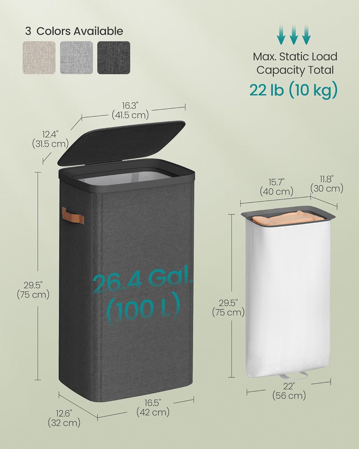 SONGMICS Laundry Basket, 26.4 Gal. Laundry Hamper, Easy Assembly, with Lid and Handles, Removable Liner, 16.5 x 12.6 x 29.5 Inches, Ink Black ULCB811BH01