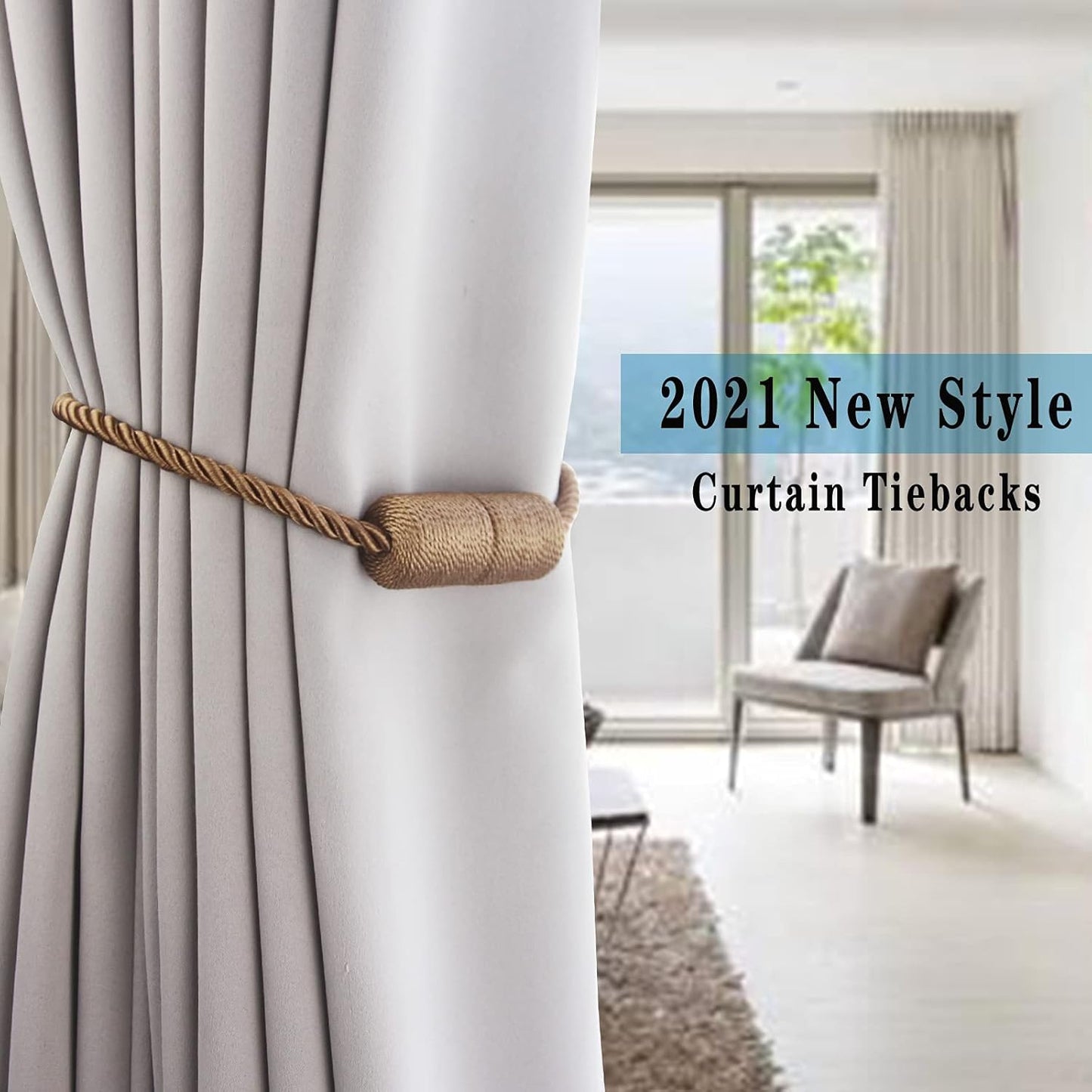 4 Pack Strong Magnetic Curtain Tiebacks Outdoor Elegant Decorative Tie Backs Modern Rope Tiebacks for Drapes Window Curtain Holdbacks for Draperies- Khaki