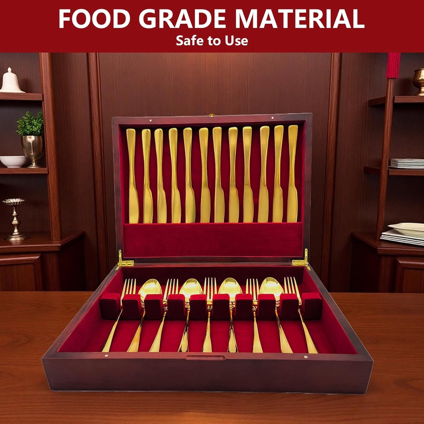 Silverware Storage Box, Kitchen Drawer Organizer, Drawer-containing flap-type storage box, Wood Chest, with Tarnish Proof Felt Lined, Storage Silver Chest for Kitchen (1 layer)