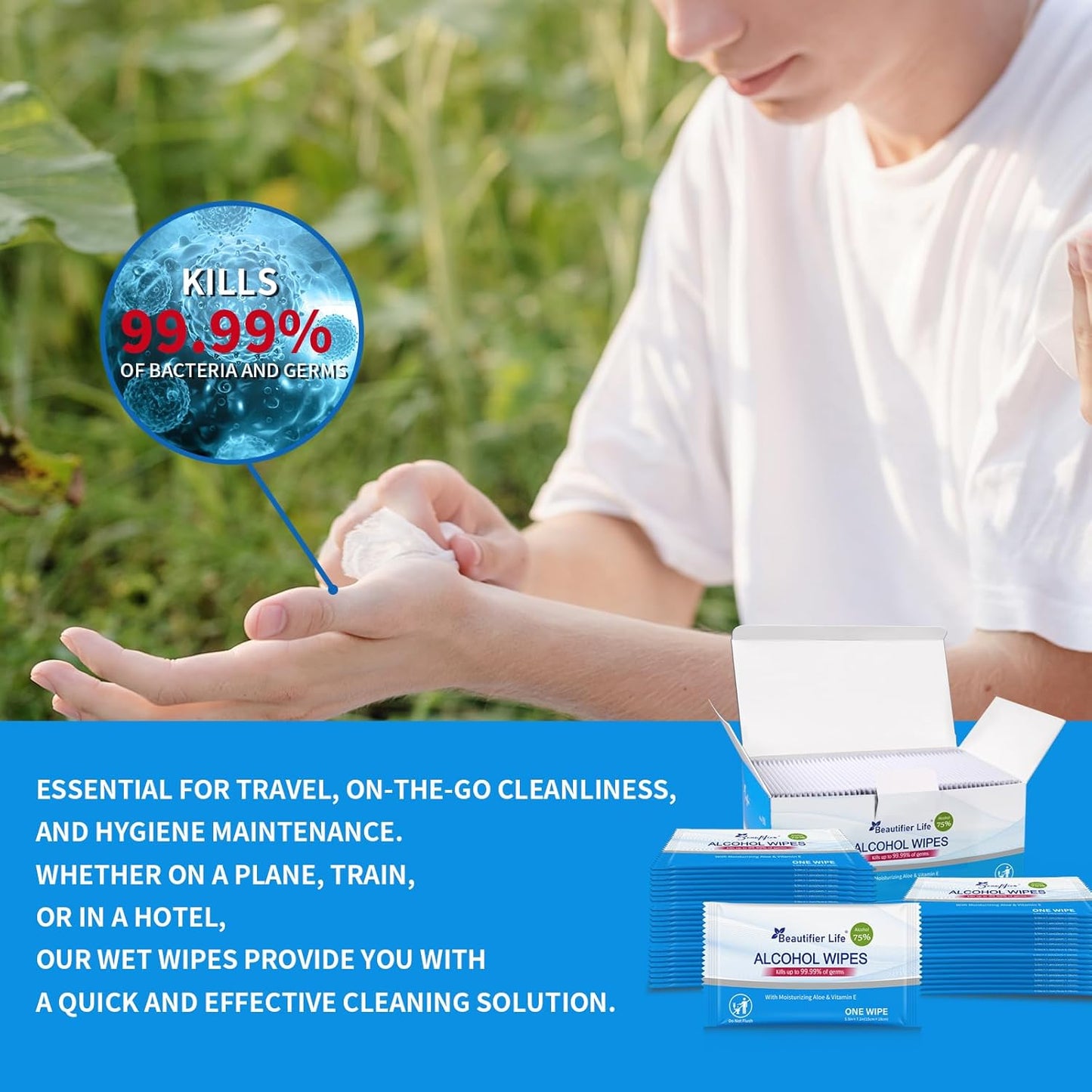 All - Purpose Travel Wipes, 55 Individually Wrapped 75% Alcohol Antibacterial Hand Sanitizing Wipes with Aloe Moisturizer & Vitamin E for for On-the-Go Use, Restaurant, Home Office