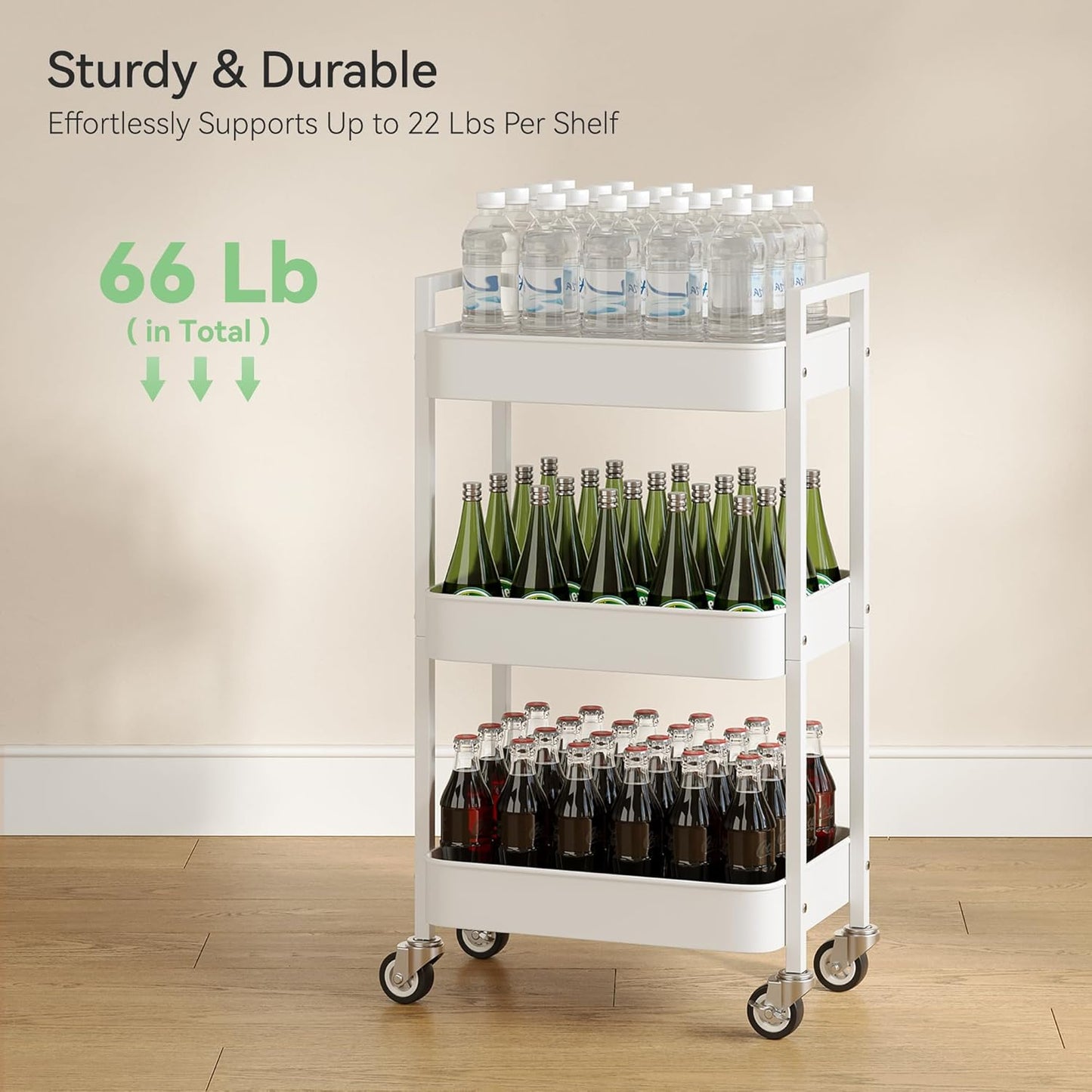 3 Tier Rolling Cart,Utility Cart with Locking Wheels, Hanging Cups,&Hooks, Heavy Duty Metal Storage Organizer Cart for Kitchen,Office, Bathroom,Craft Room,White