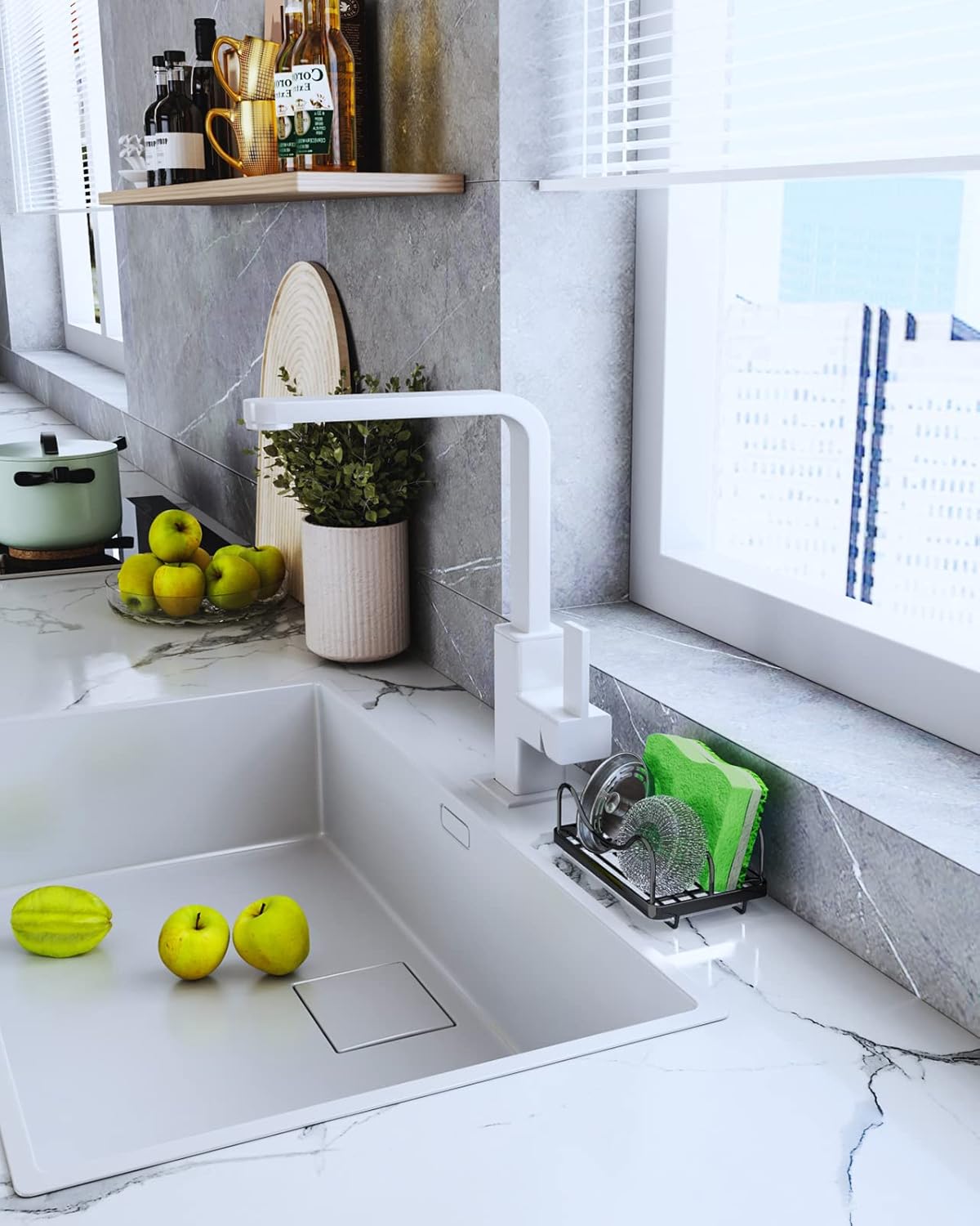 Consumest Sponge Holder for Kitchen Sink - Movable Sink Caddy for Countertop Organizer, 304 Stainless Steel Sponge Holder with Detachable Drip Tray for Kitchen Accessories-Black