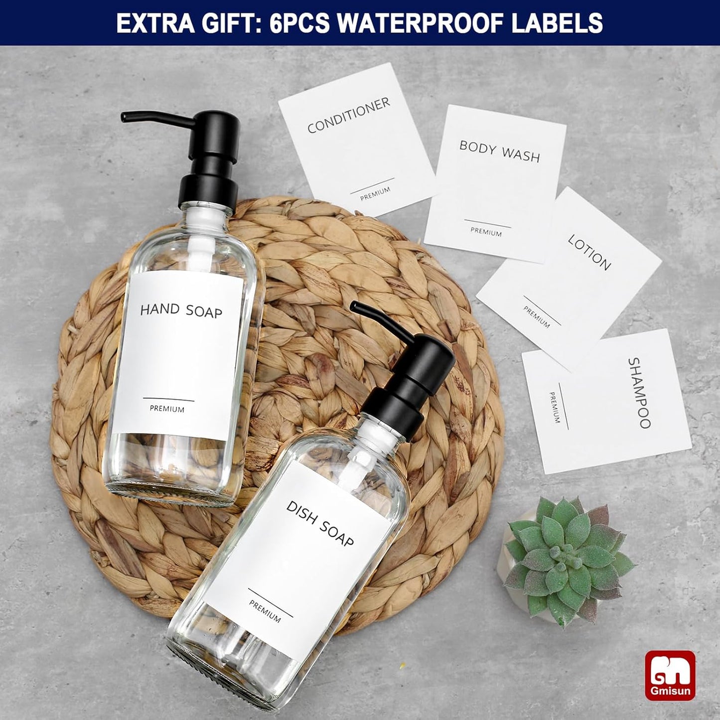 GMISUN Glass Soap Dispenser with Pump, 2 Pack Clear Bathroom Hand Soap Dispenser with Stainless Steel Pump, 16 Oz Refillable Kitchen Hand and Dish Soap Dispensers Set, Modern Liquid Pump Bottles