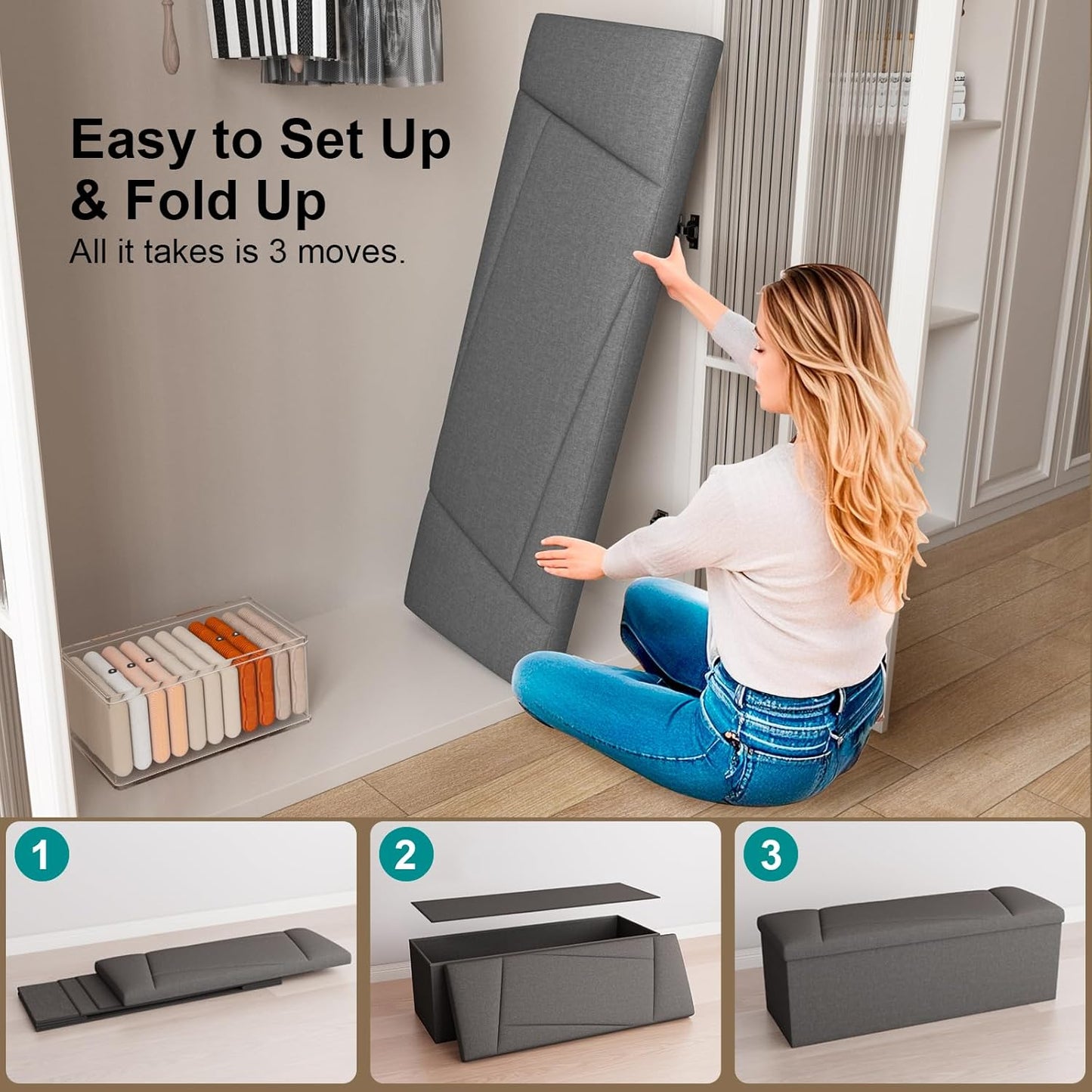 Ottoman with Storage, 43 Inches Folding Storage Ottoman Bench for Bedroom, End of Bed Bench, Entryway and Living Room, 43"x15"x15",Dark Gray