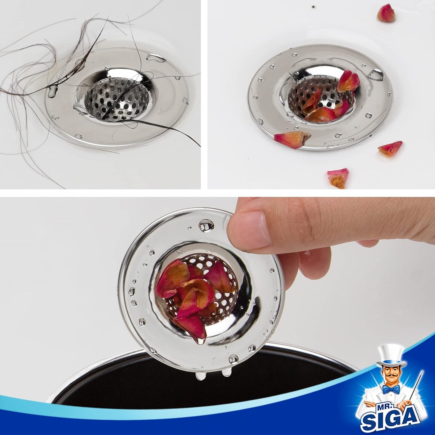 MR.SIGA Bathroom Sink Strainer, Utility, Slop, Bathtub Lavatory Sink Drain Strainer Hair Catcher, Stainless Steel Shower Drain Strainer, Outer Diameter 2.1 inch, Inner Diameter 1 inch, 3 Pack