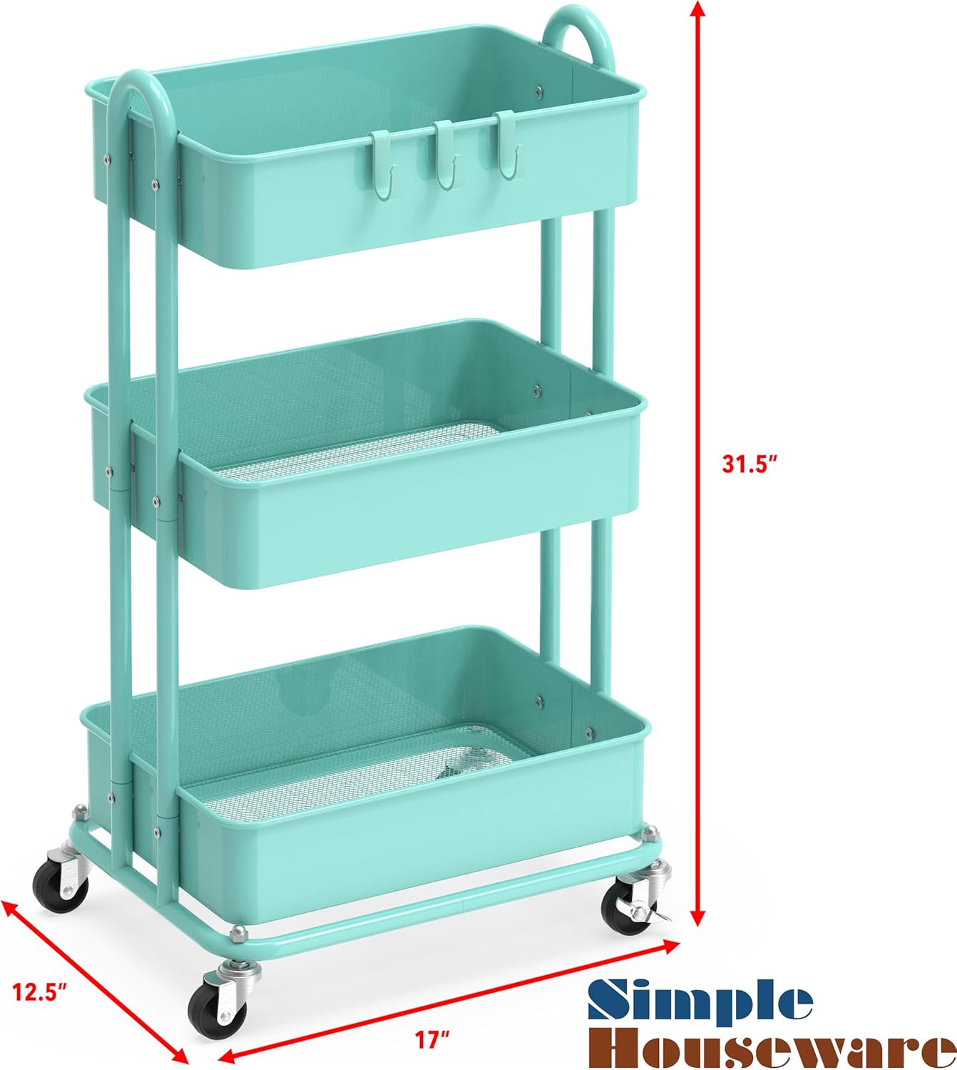 Simple Houseware 3-Tier Heavy Duty Metal Utility Rolling Cart, Turquoise
