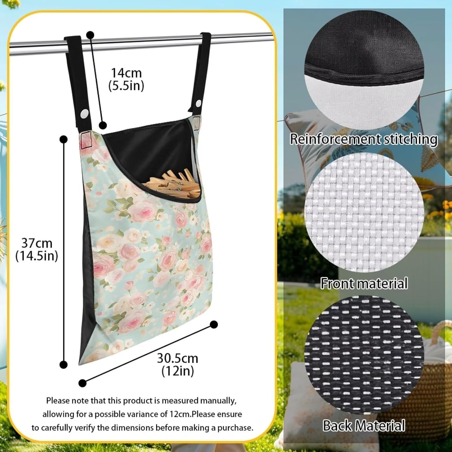 Clothes Pin Hanging Bag, Large Capacity Clothespin Bag Clothes Pin Hanging Bag Space-Saving Organize Clothespin Bag for Outdoor - Rose Pink Pattern