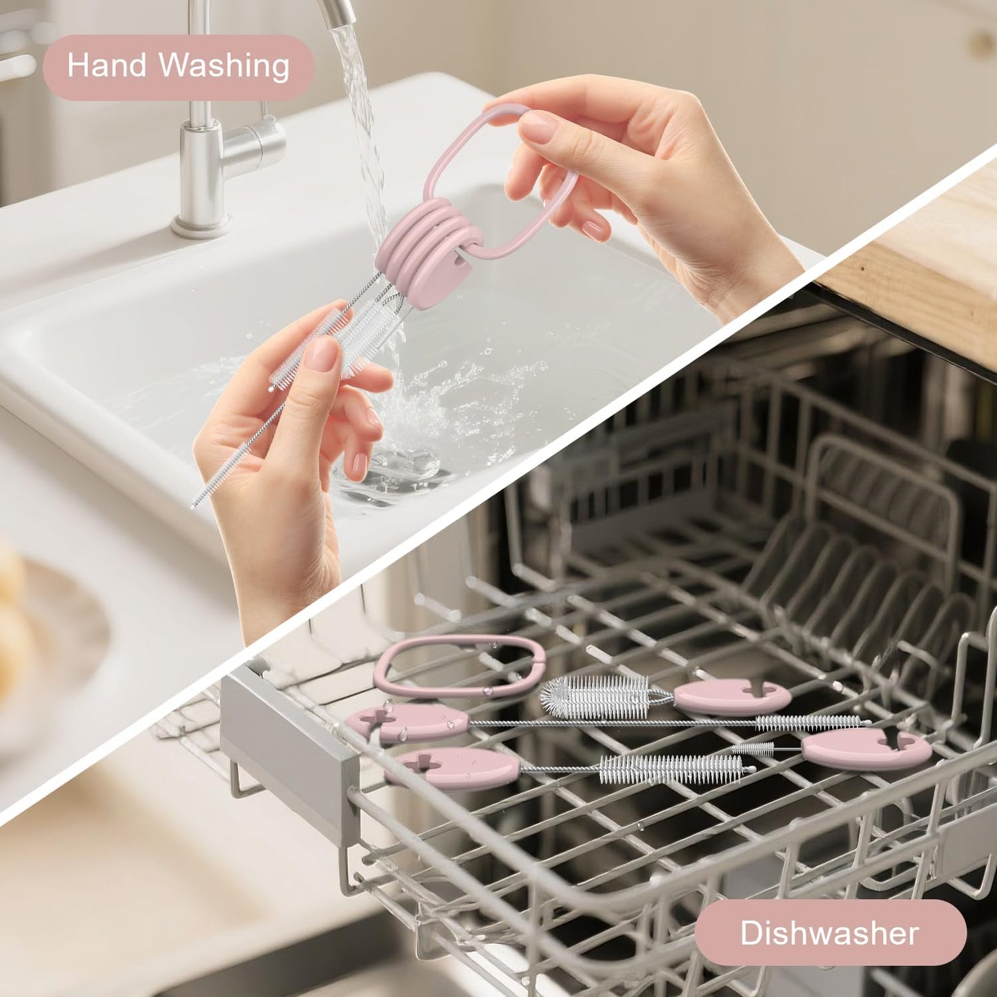 YOTIME Standing Straw Cleaner Brush Set, 4in1 Reusable Straw Brushes with Holder Ring, for Baby Bottles, Sippy Cups and Lids, Pink