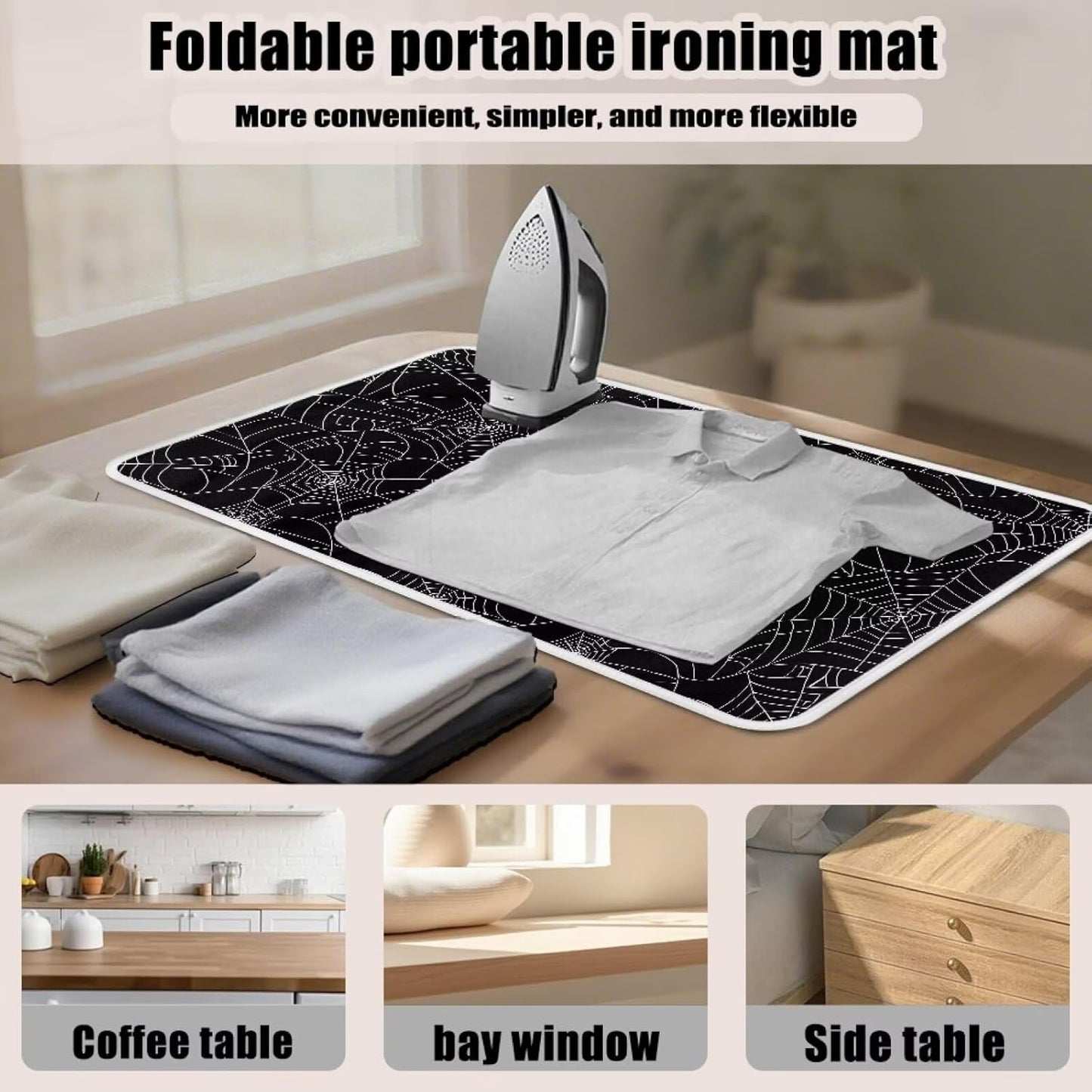 Spider Web Ironing Mat Black Heat Resistant Ironing Blanket Thick Portable Travel Ironing Pad for Table Top Washer and Dryer,Large Foldable Ironing Padding 32 x 16 Inch
