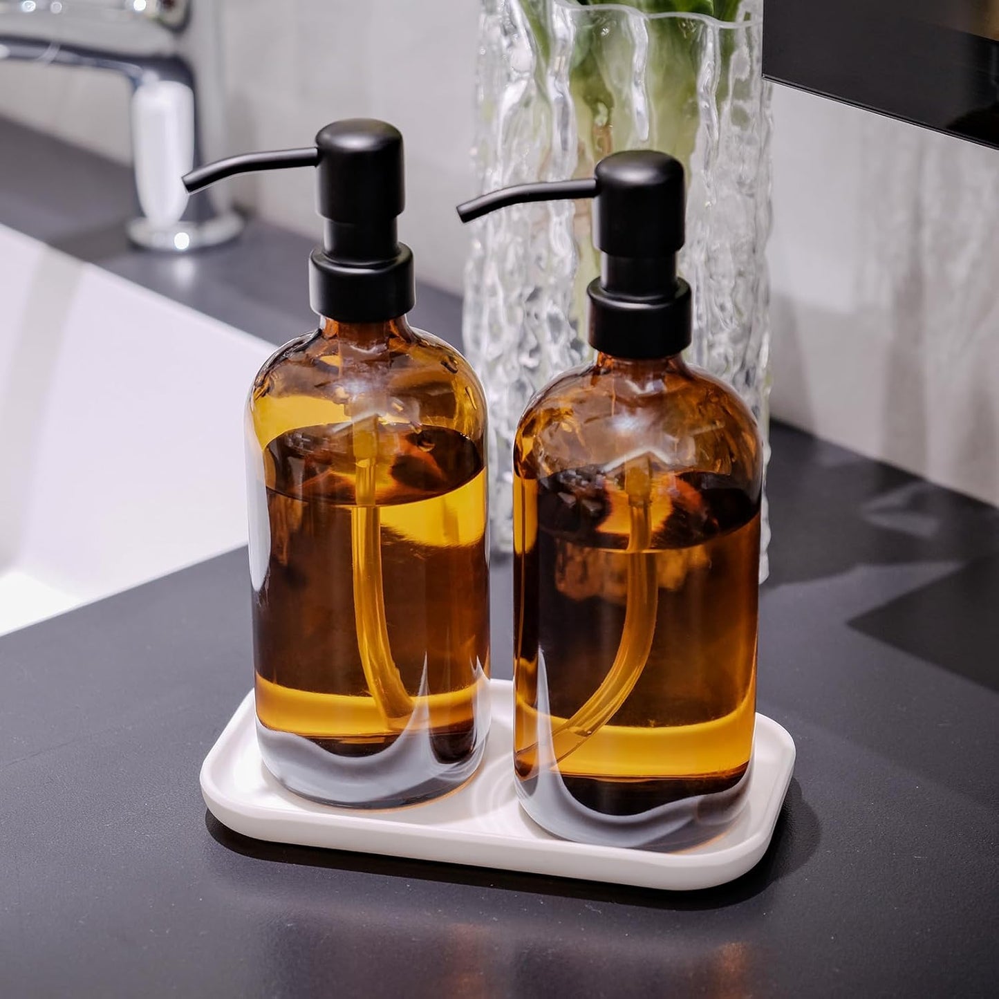 Amber Glass Soap Dispenser, 2 Pack Bathroom Kitchen Soap Dispenser Set with Stainless Steel Pump, 16 oz Dish Soap Hand Soap Dispensers