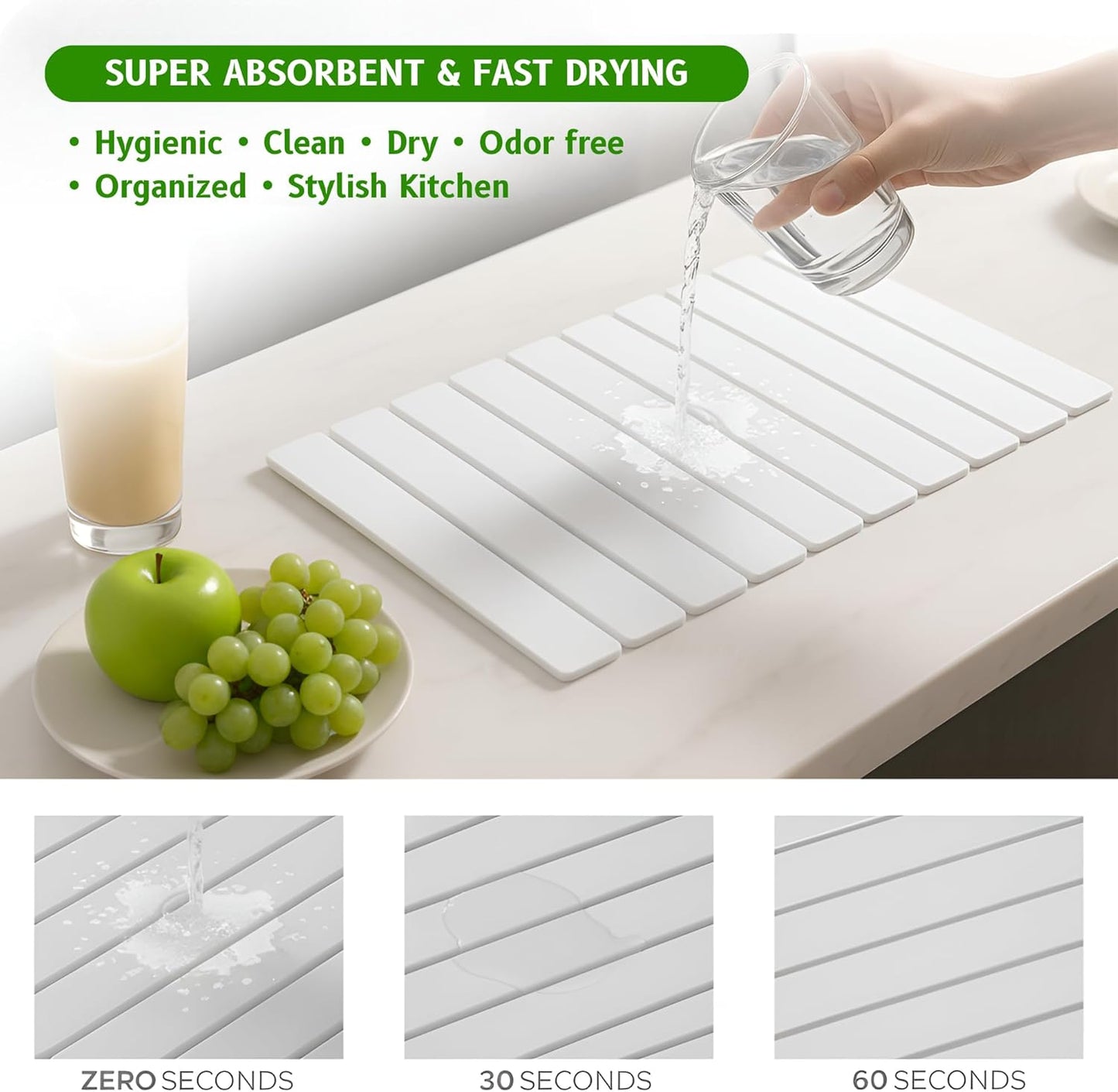 Stone Dish Drying Mat – Large 24×16 Quick Dry Stone Mat Kitchen, Diatomaceous Earth Dish Drying Mat for Kitchen Counter with Wooden Drying Rack, Fast Drying Stone Mat, Eco-Friendly & Super Absorbent