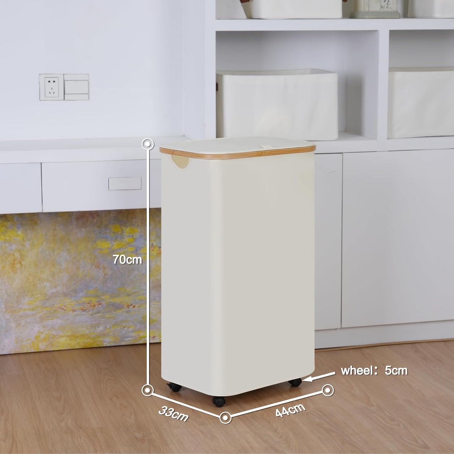 Laundry Basket with Wheels,100L Hampers for Laundry,Large Laundry Hamper with Lid and Bamboo Handles,Collapsible & Waterproof Tall Cloth Hamper for Dormitory Family,Beige