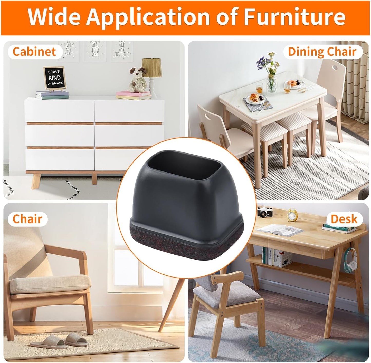 Ezprotekt 16 Pcs Rectangle Black Silicone Chair Leg Floor Protectors, Rectangle Felt Chair Leg Caps, Furniture Leg Covers Cups for Chair Table Desk, Anti- Scratches (Fit L :1.3-1.7", W: 0.6-0.9")