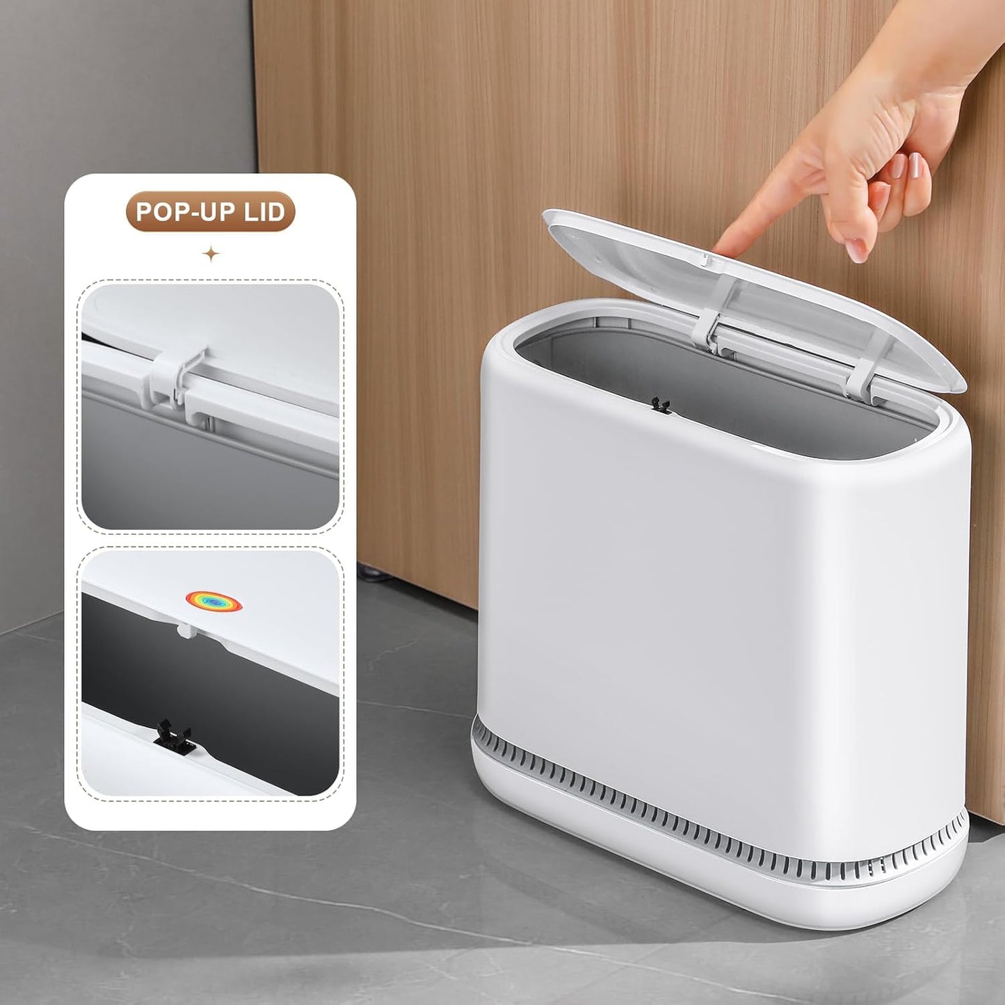 funest Bathroom Trash Cans, Garbage Can with Press Type Lid,10L Dogproof Slim Plastic Narrow Trash Bin