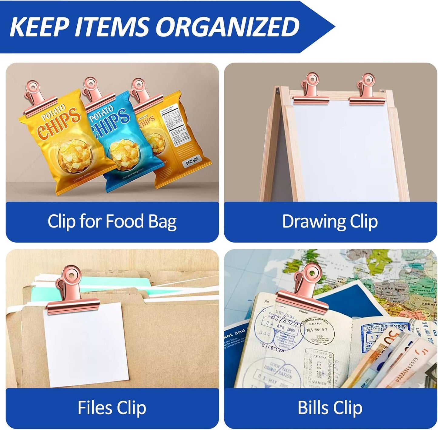 20 Pack Large Metal Hinge Rose Gold Clips 51mm for Crafts, Photos, Drawing, Food Bags at Home, Office, School, Shop