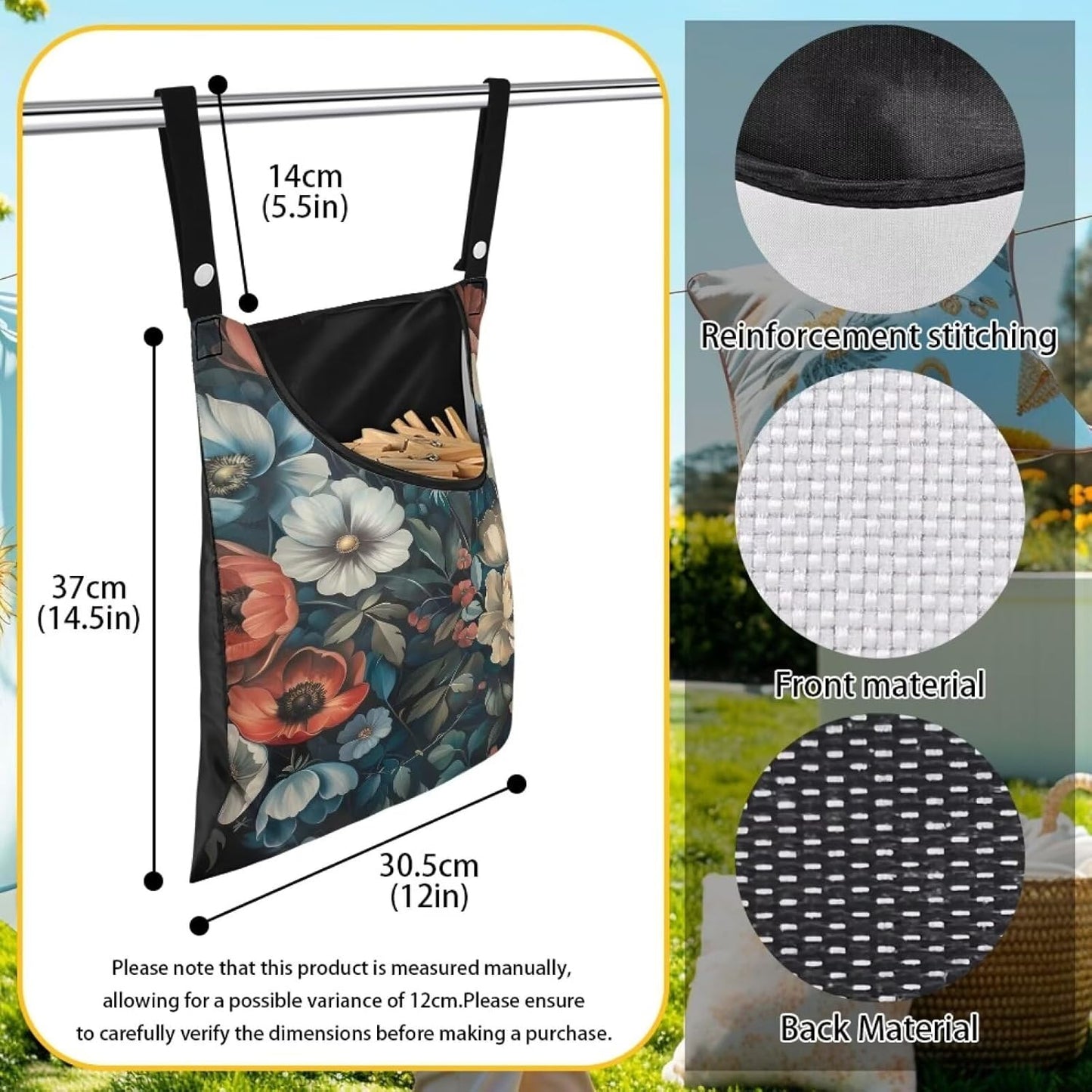Art Flowers Clothes Pin Bags Clothespin Bag Holder Clothespin Holder 14.5 x 12 Inch Clothespin Bag for Clothesline Outdoor Outside Laundry Room Lightweight Clothespin Bag for Easy Hang, CZB94