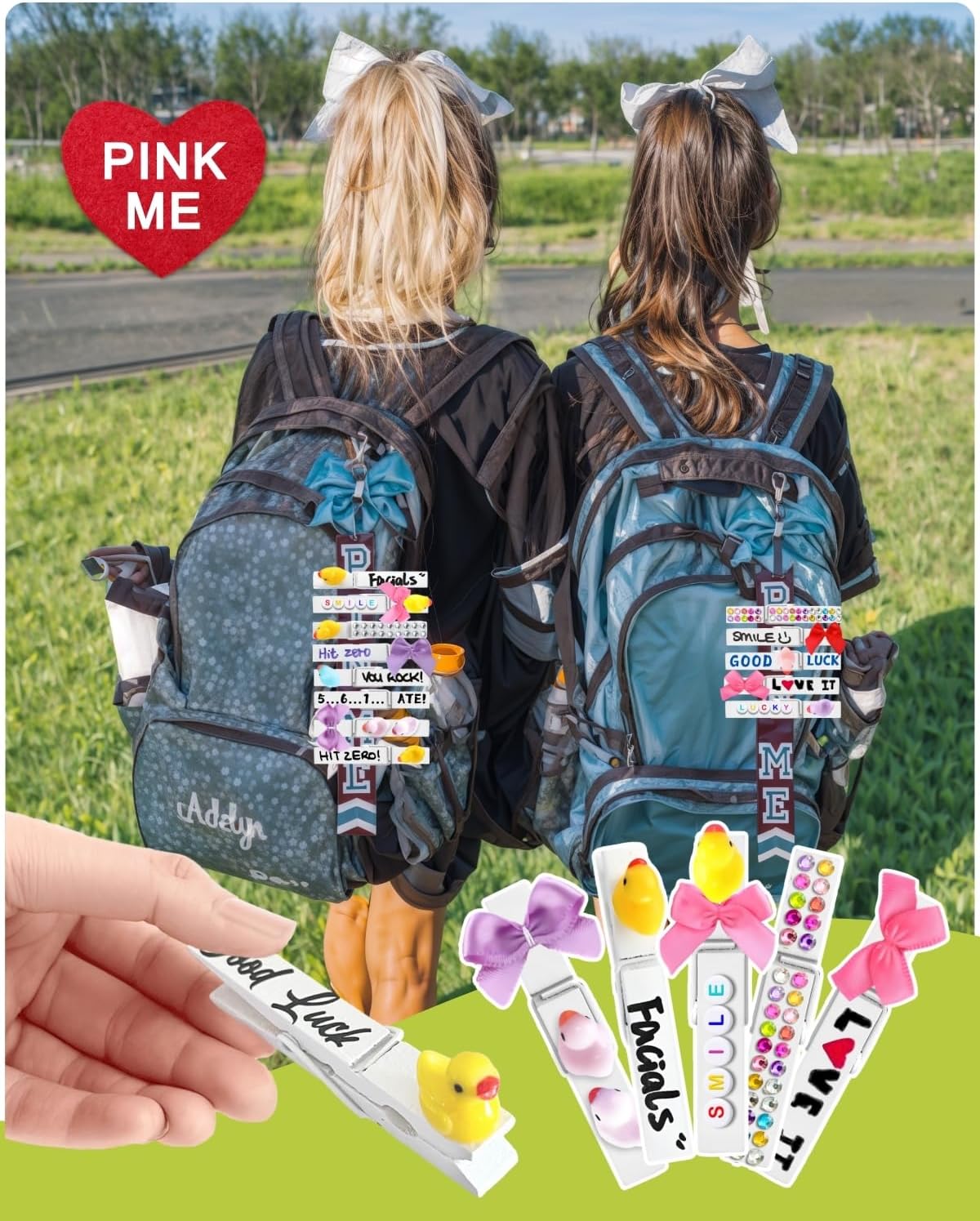 Cheer Pins for Backpack Cheer Stuff Kit 70 White Colored Clothes Pins with Mini Resin Ducks Bows Letter Beads Team Cheerleaders Gifts Bulk Pin Me Ribbon for Bag Decorations Competition Spirit Clips