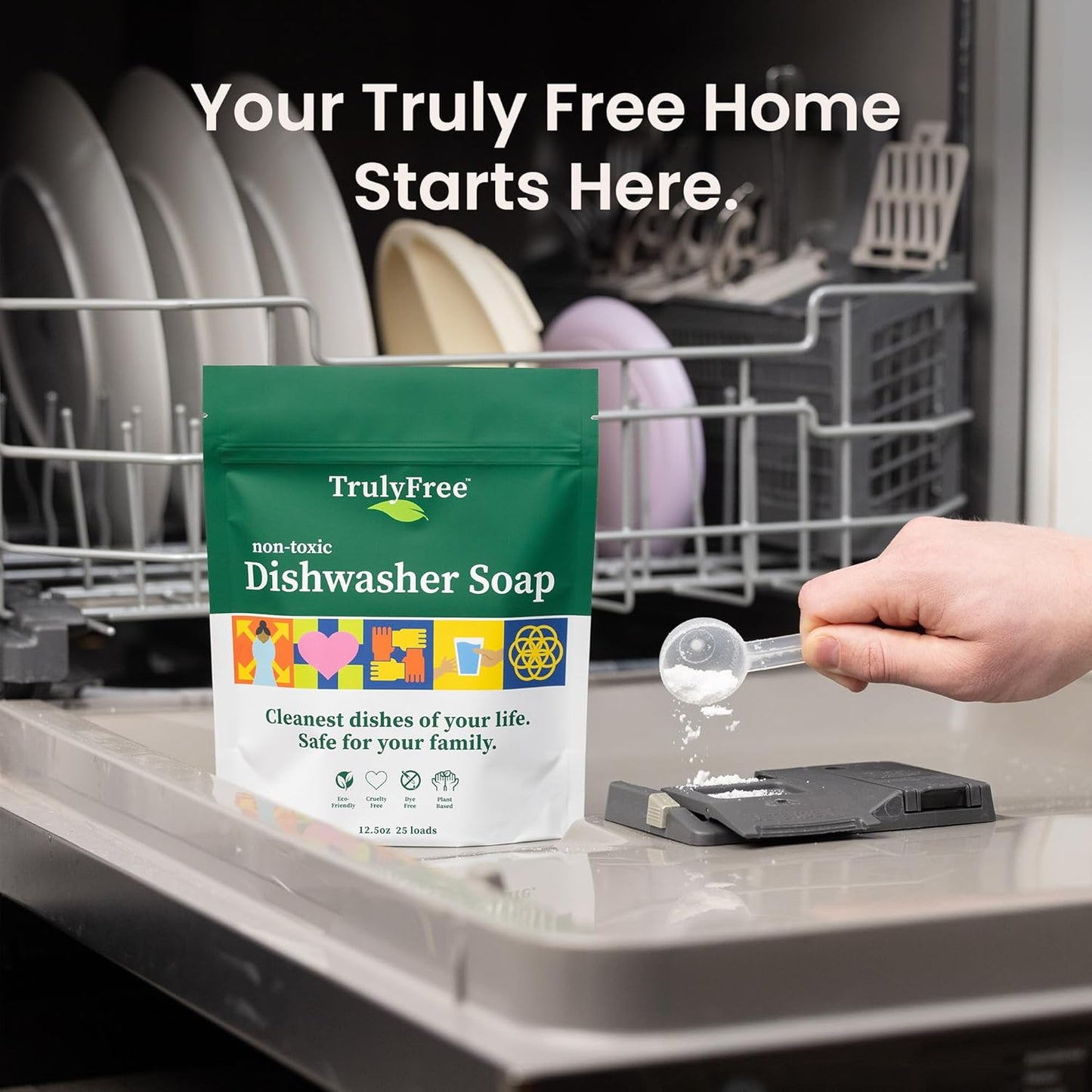 Truly Free Dishwasher Detergent Powder | Natural Dish Detergent, Dishwasher Soap | Plastic Free, Plant-Based, Clean, Heavy Duty Hard Water Stain & Grease Remover | Fragrance Free | 12.5 oz (Pack of 2)
