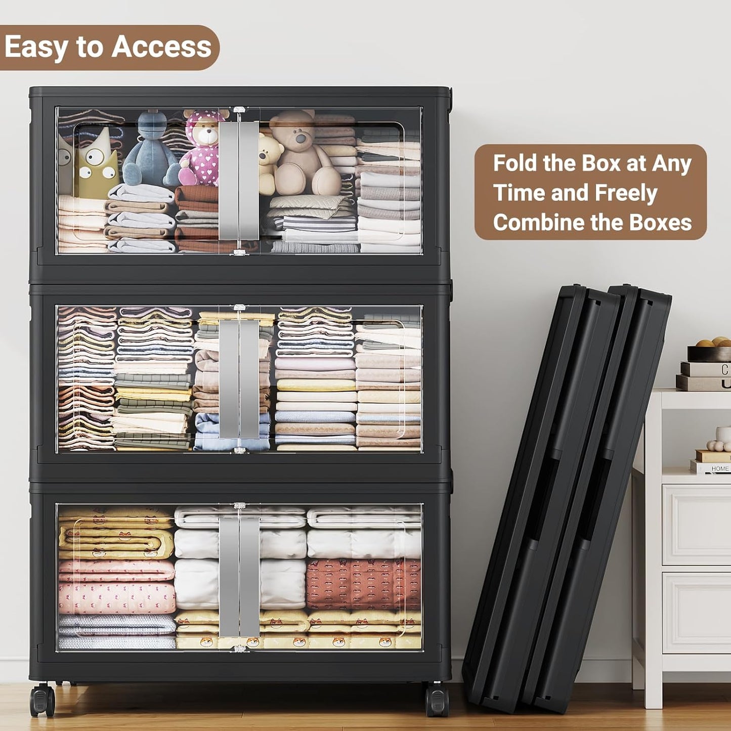 BROVIEW 160QT Stackable Storage Bins with Lids, 40Gal Extra Large Collapsible Storage Box with Wheel, Plastic Storages with Clear Door Open Front for Home Kitchen Garage, Black-1pack