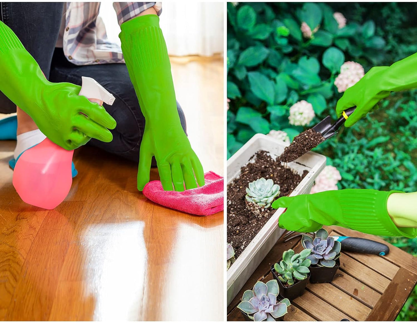 Vgo 2-Pairs Dishwashing Gloves, Reusable Household Gloves, Long Sleeve, Thick Latex, Cleaning, Washing, Working, Painting, Gardening, Pet Care (Size S, Green, RB2143)