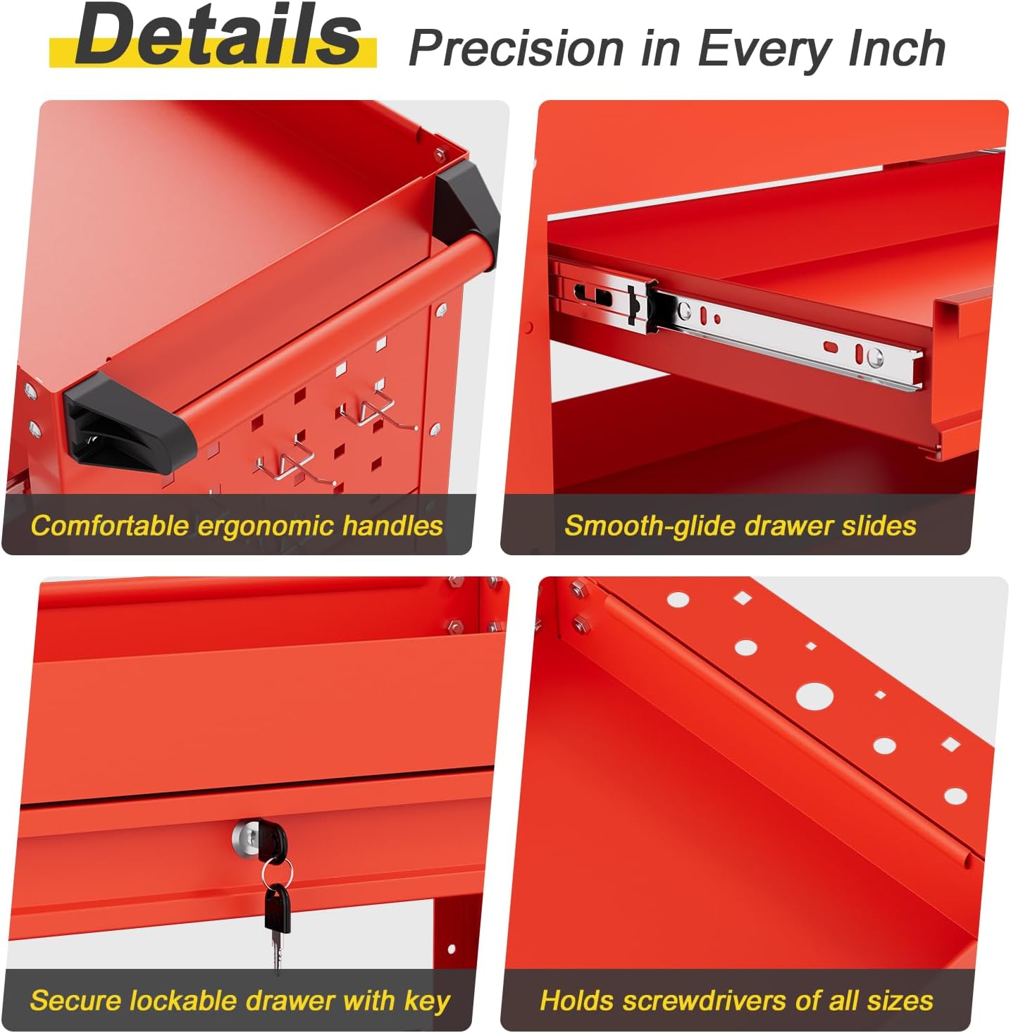 3-Tier Rolling Tool Cart with Drawers, Heavy Duty Utility Storage Cart with pegboard, Lockable Metal Tool Chest on Wheels for Garage, Warehouse & Repair Shop