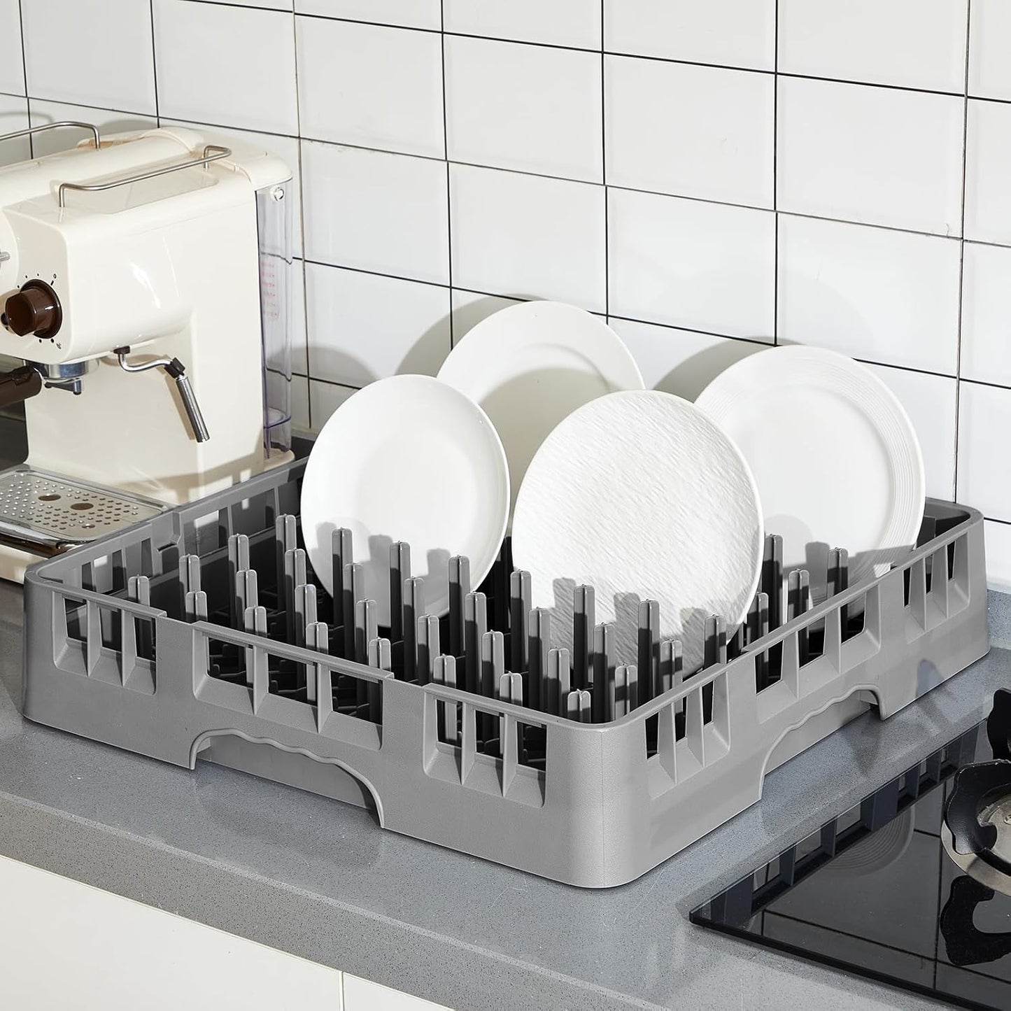 Commercial Dishwasher Tray Rack Polypropylene Full Size Flatware Rack for Bowls Plates Knives Forks Cups(19.7 x 19.7 x 3.97 Inch,Peg Dish,Gray)