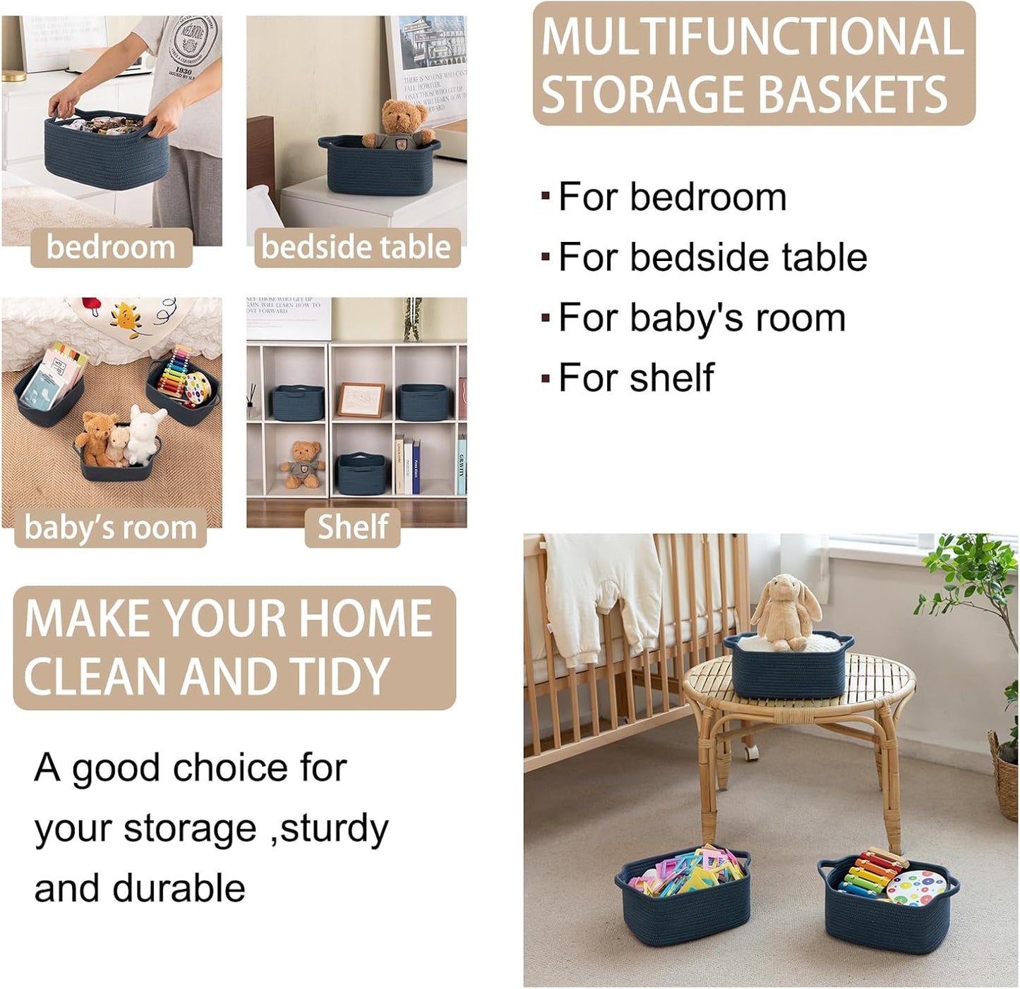 OIAHOMY Cotton Rope Woven Baskets for Storage, Nursery Rectangle Storage Basket with Handles for Shelves, Pack of 3, Blue