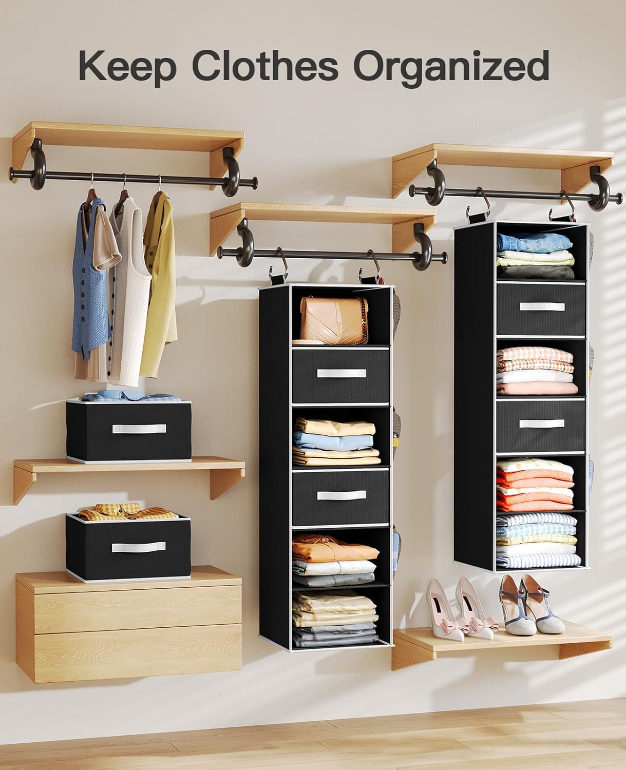 Pipishell Hanging Closet Organizer 6-Shelf, Hanging Shelves for Closet with 3 Removable Drawers & Side Pockets, Hanging Shelf Organizer for Bedroom or Garment Rack, 12'' x 12'' x 43.3'', Black