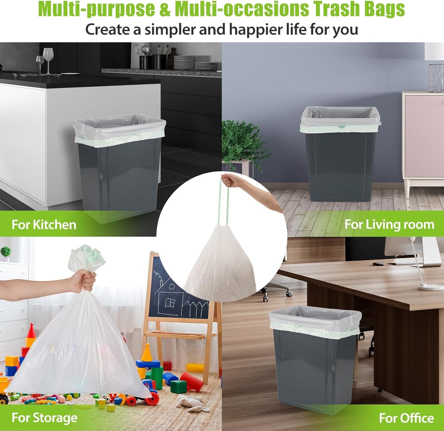 Large Trash Bag 13 Gallon Tall Drawstring 100% Post-Consumer Recycled Garbage Bag Waste Bag for Kitchen Office 0.6 Mil (200 Count)