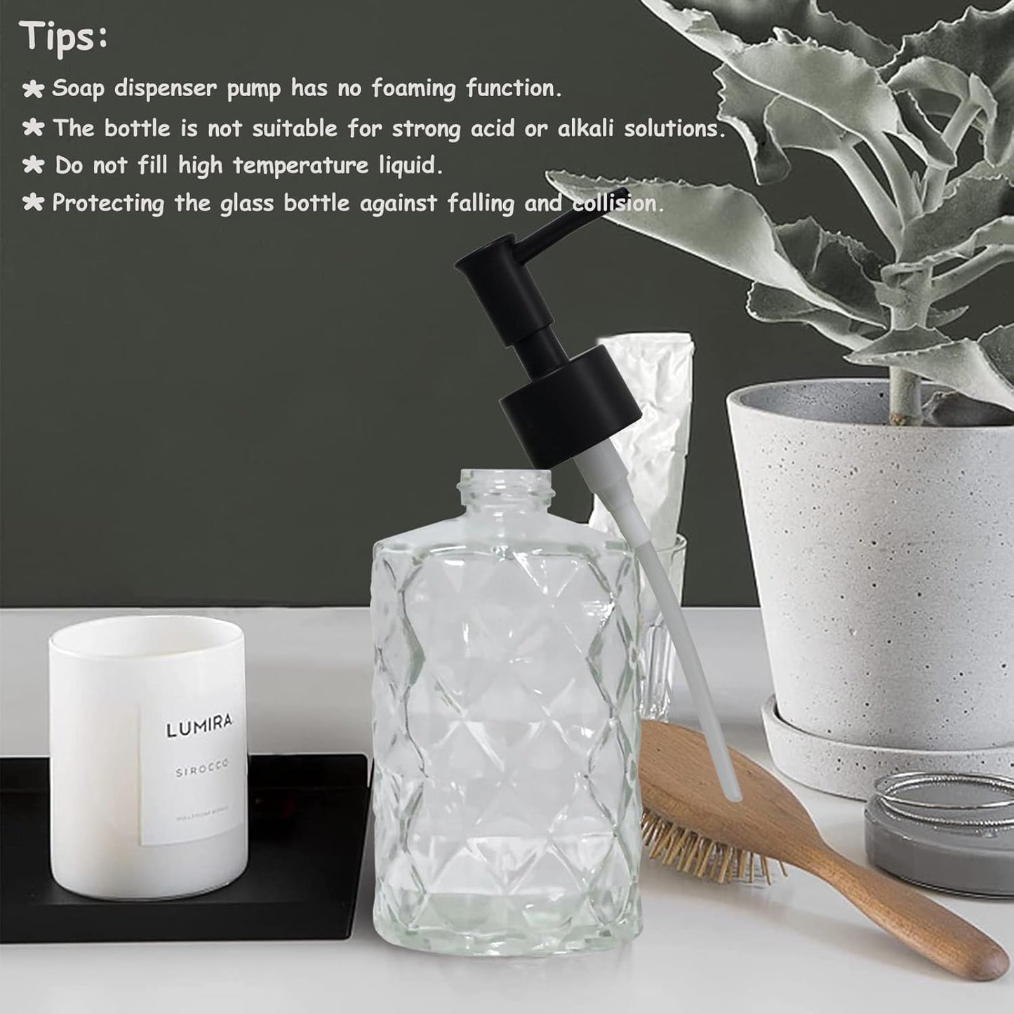 Crystal Glass Soap Dispenser, 12oz Clear Bathroom Hand Dispenser, Lotion Dispenser with Black Plastic Pump for Modern Home Decor, Kitchen Countertop, Hotel