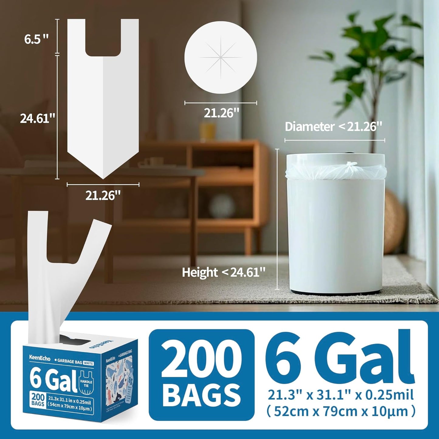 Small Trash Bags with Handles 6 Gallon 200 Count White - Ocean Plastic Upcycling - Plastic Garbage Bags, Can Bin & Waste Basket Liner for Kitchen, Bathroom, Office and Pets