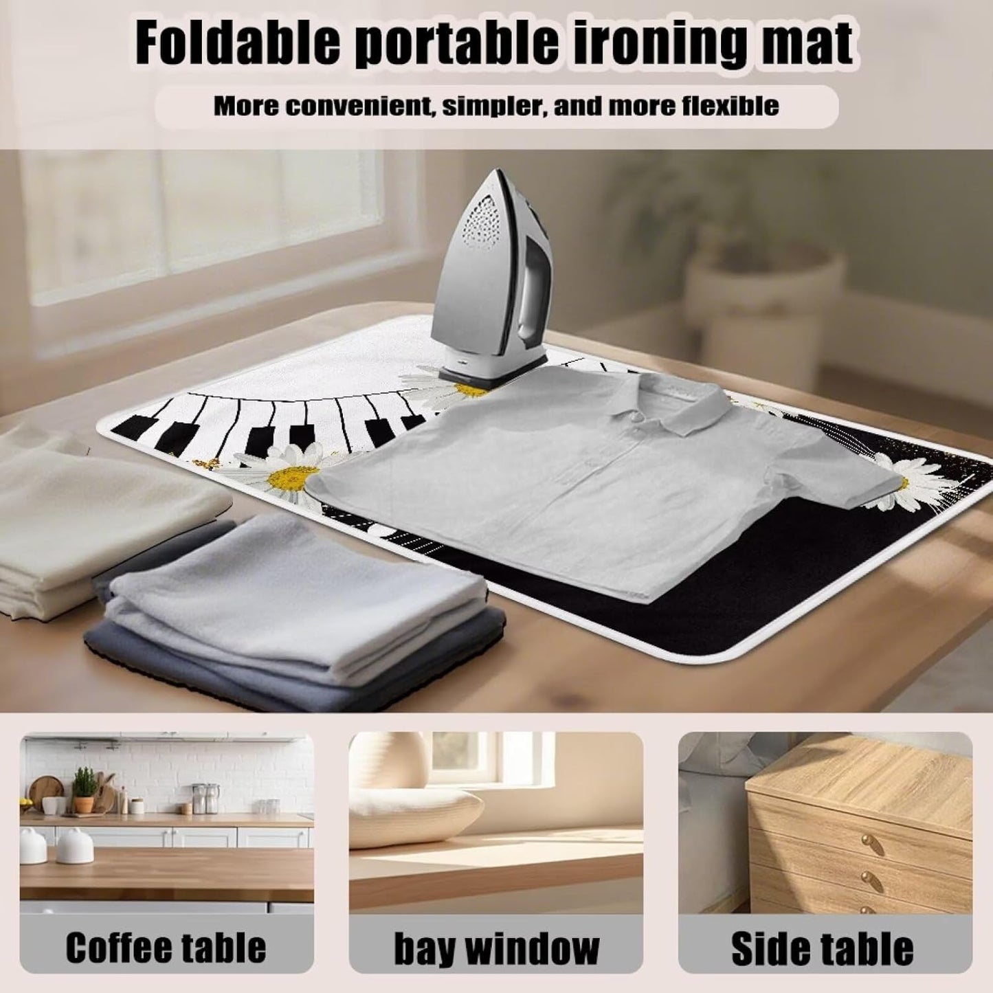Music Ironing Pad Ironing Blanket Thick Travel Iron Pad Heat Resistant Ironing Board Cover for Table Top, Washer, Dryer,32 x 16 Inch Ironing Mats,Black Piano Daisy